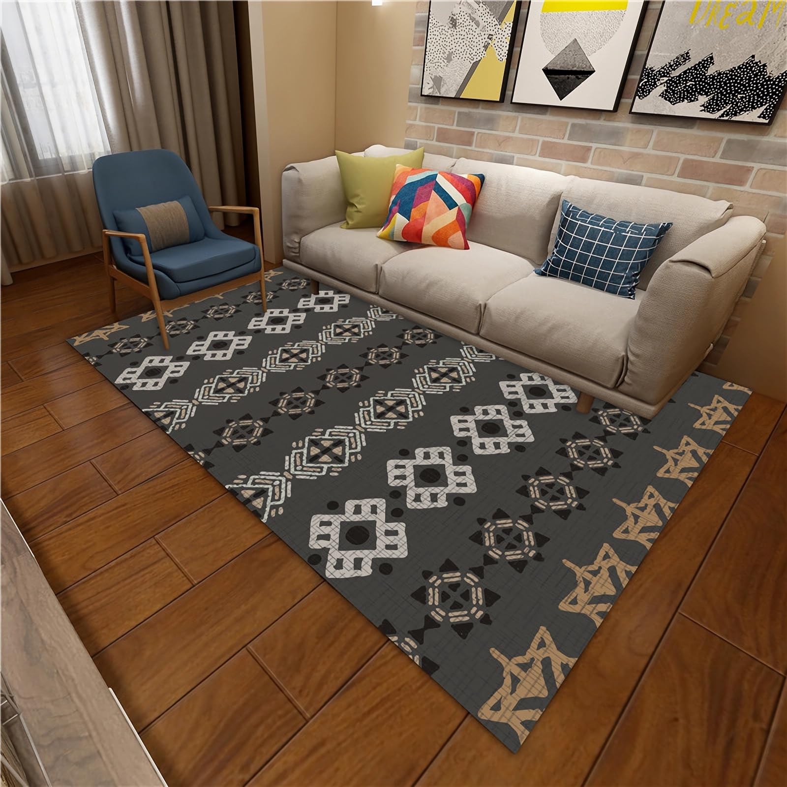 Teppich Teppich Anti rutsch,Rutschfester, leicht zu reinigender grau-schwarz-gelb gestreifter Designteppich,Wohnzimmer deko Wohnzimmer möbel 120x160cm
