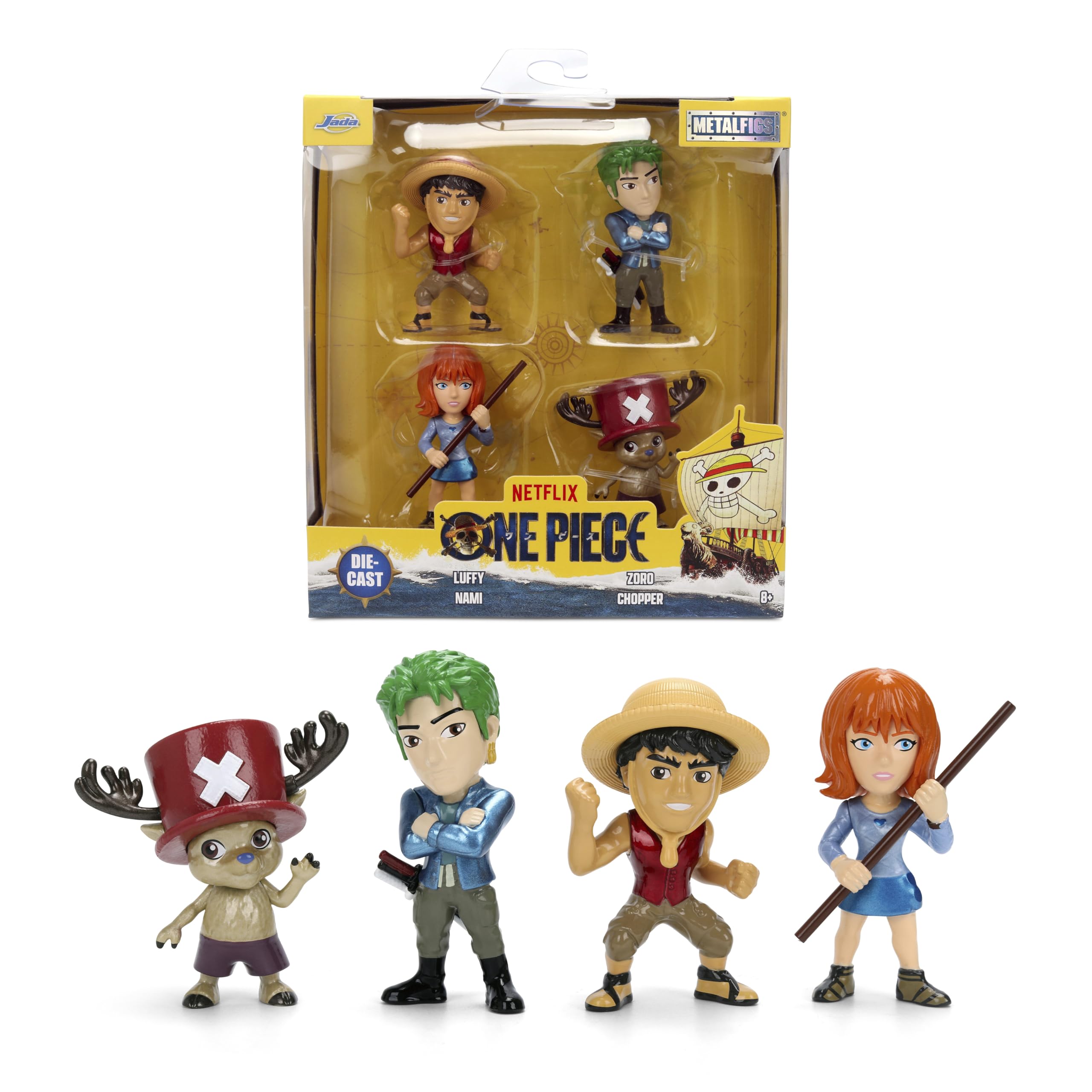 Jada Toys One Piece Netflix - Set di 4 statuine in metallo pressofuso serie 1, motivo: Rufy, Nami, Zoro e Chopper