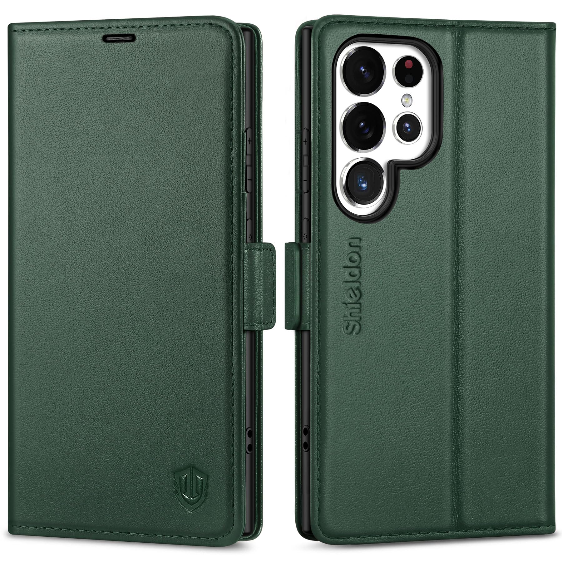 SHIELDON Wallet Case for Galaxy S24 Ultra 5G 2024, Genuine Leather Case, Kickstand, RFID Blocking Credit Card Slots, Magnetic Protective Cover Compatible with Galaxy S24 Ultra 6.8" - Midnight Green