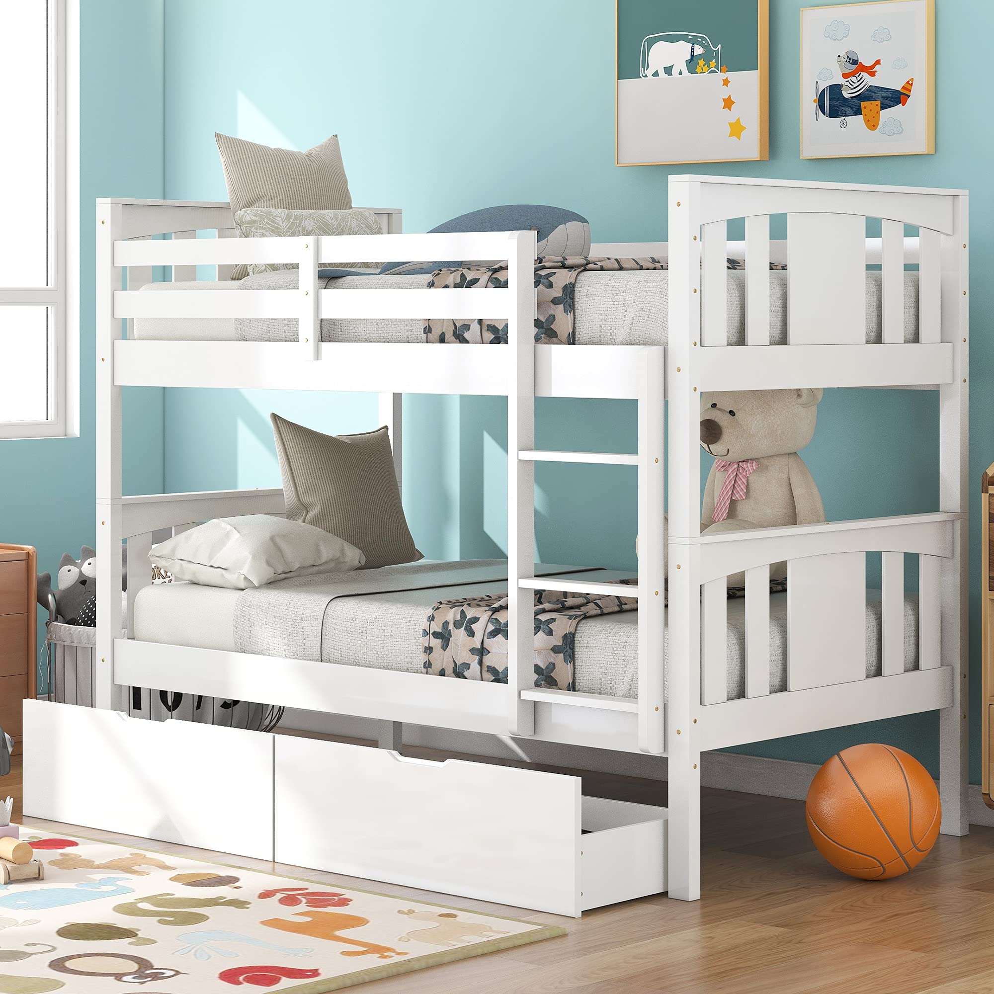 Smilehome White Twin Wood Convertible Bunk Bed with Storage Drawers and 3-Step Ladder and Guard Rails, Space-Saving Kids Bedroom Furniture, Twin Over Twin- incomplete one box of two only 