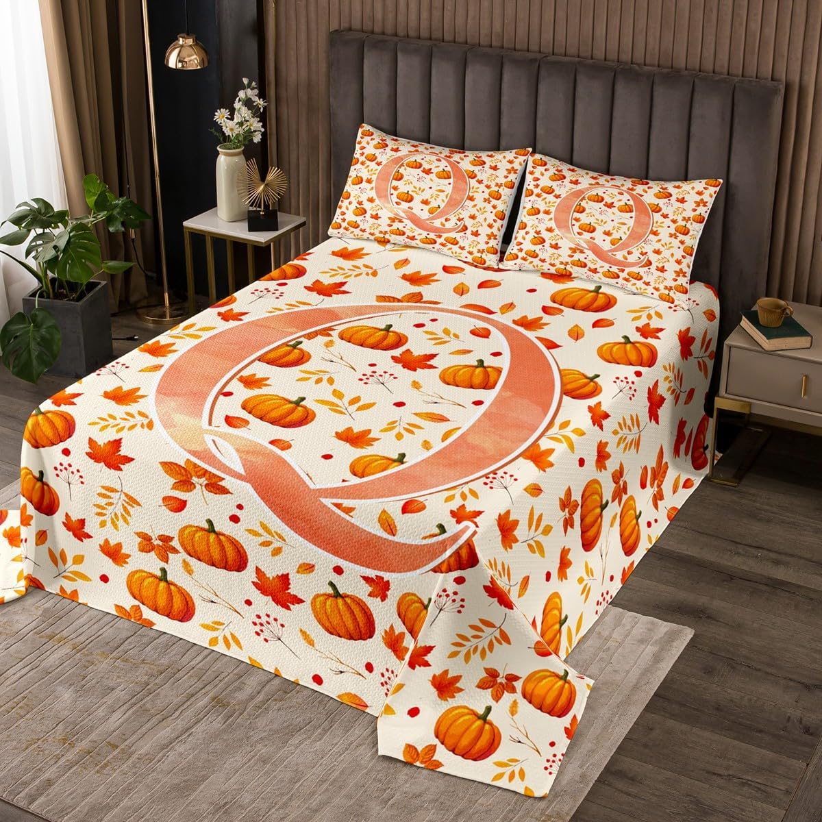 Erosebridal Rustic Fall Bedspread Queen Initial Letter K Pumpkin Quilt Set Monogram Thanksgiving Day Coverlet Set for Kids Adults,Farmhouse Cabin Orange Bedding Quilted