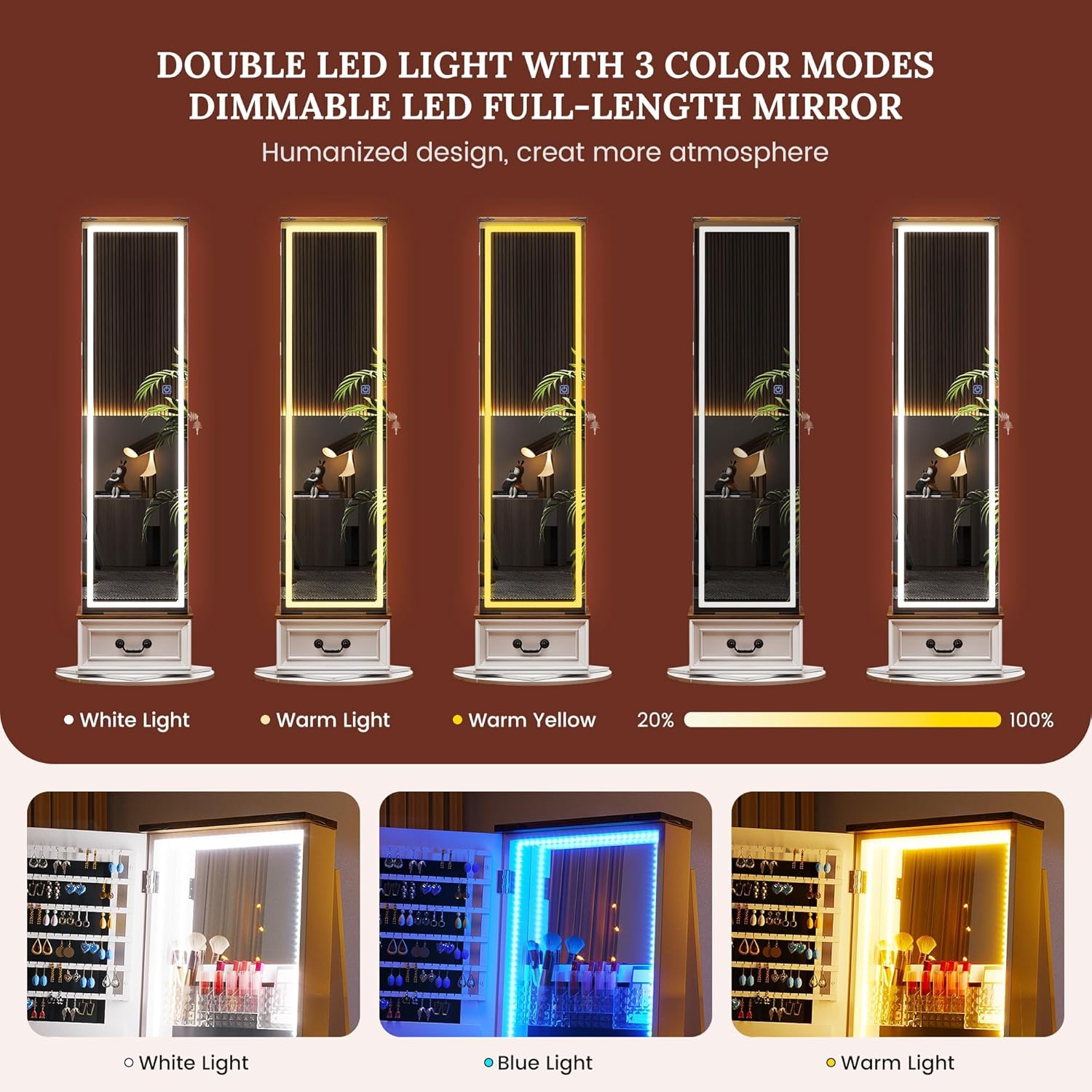 LVSOMT LED Mirror Jewelry Cabinet Standing, Jewelry Armoire Organizer with Full Length Mirror, 360°Swivel Mirror with Jewelry Storage and Large Wooden Drawer (Pristine White)