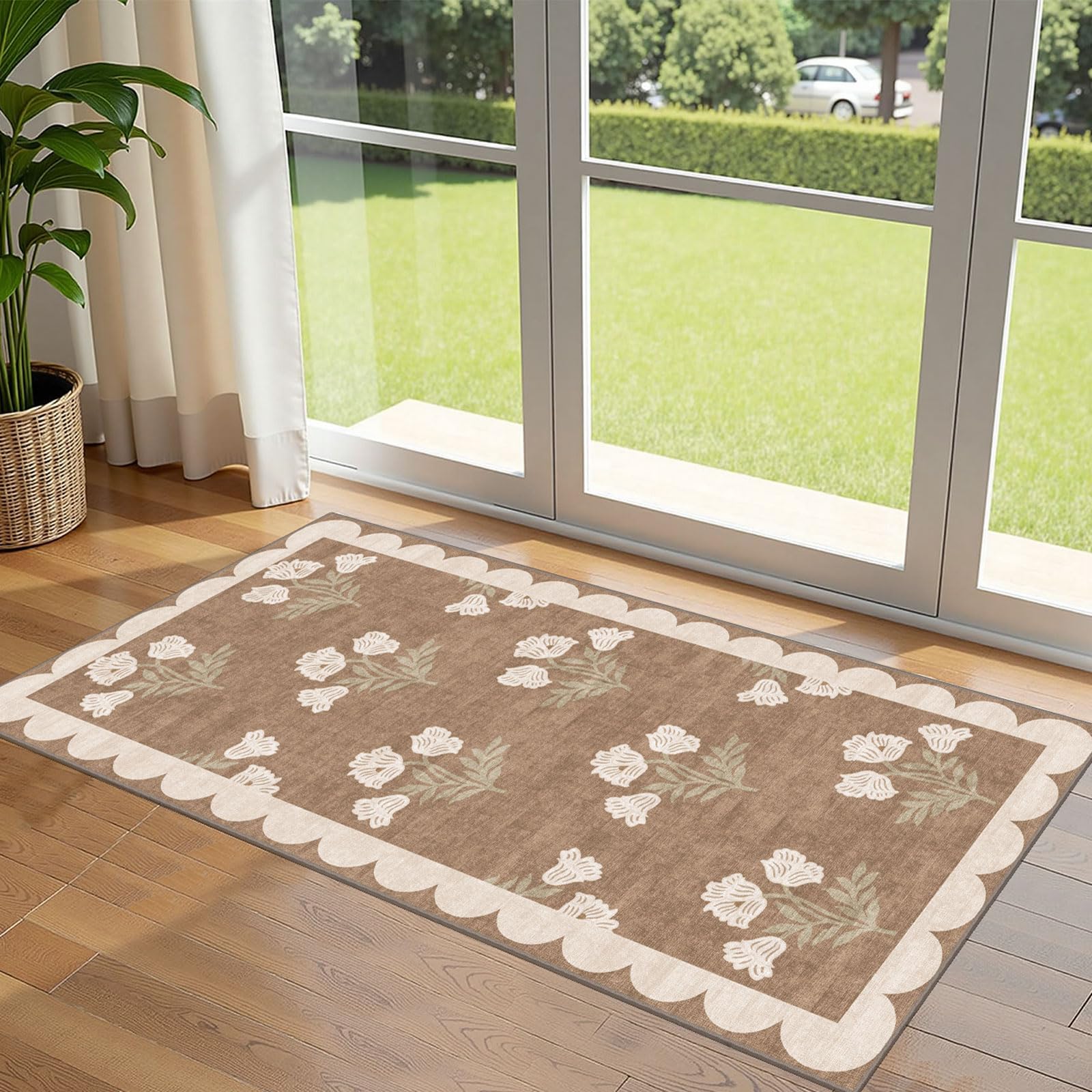 Othilic Front Door Mat Indoor Entrance - 2x4.3 Ft Floral Washable Layered Doormat Outdoor Entrance Porch Rug Non-Slip Tan Boho Farmhouse Runner Rug for Kitchen Hallway Bedroom Laundry Room Porch Decor