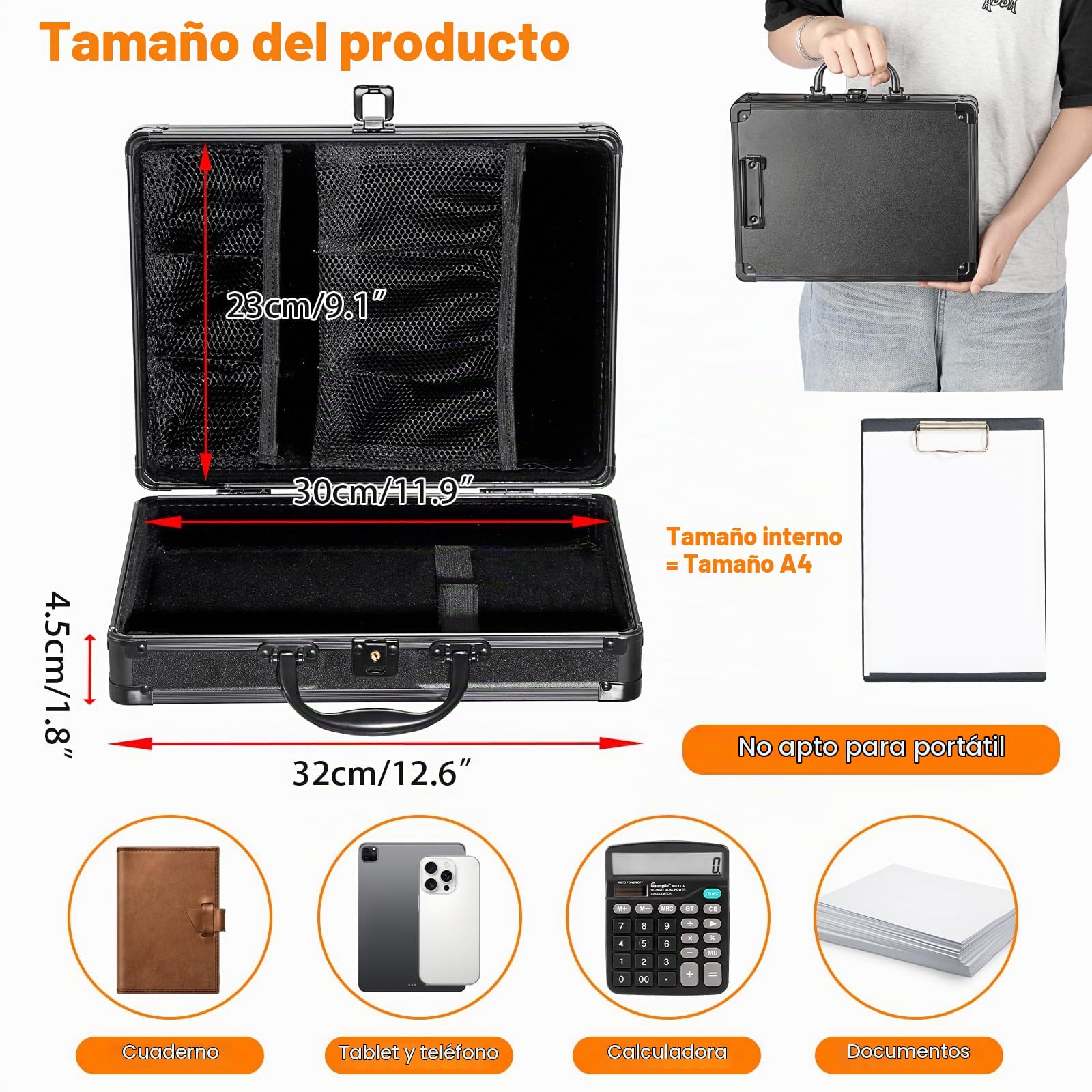 Maletín de aluminio para documentos con cerradura, A4, maletín con llave, resistente al agua, portátil, de aluminio, para oficina, negocios, negro, para hombre y mujer, 32 x 24 x 7,5 cm