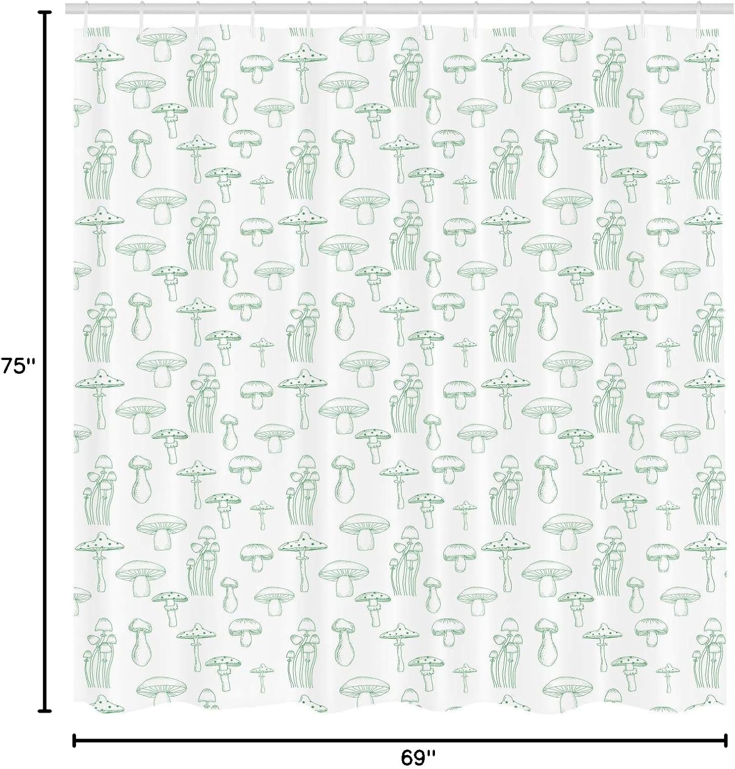 Ambesonne Mushroom Shower Curtain, Monochrome Digital Pencil Drawing Magic Garden Produce Sketch Illustration Print, Cloth Fabric Bathroom Decor Set with Hooks, 69" W x 75" L, Jade Green