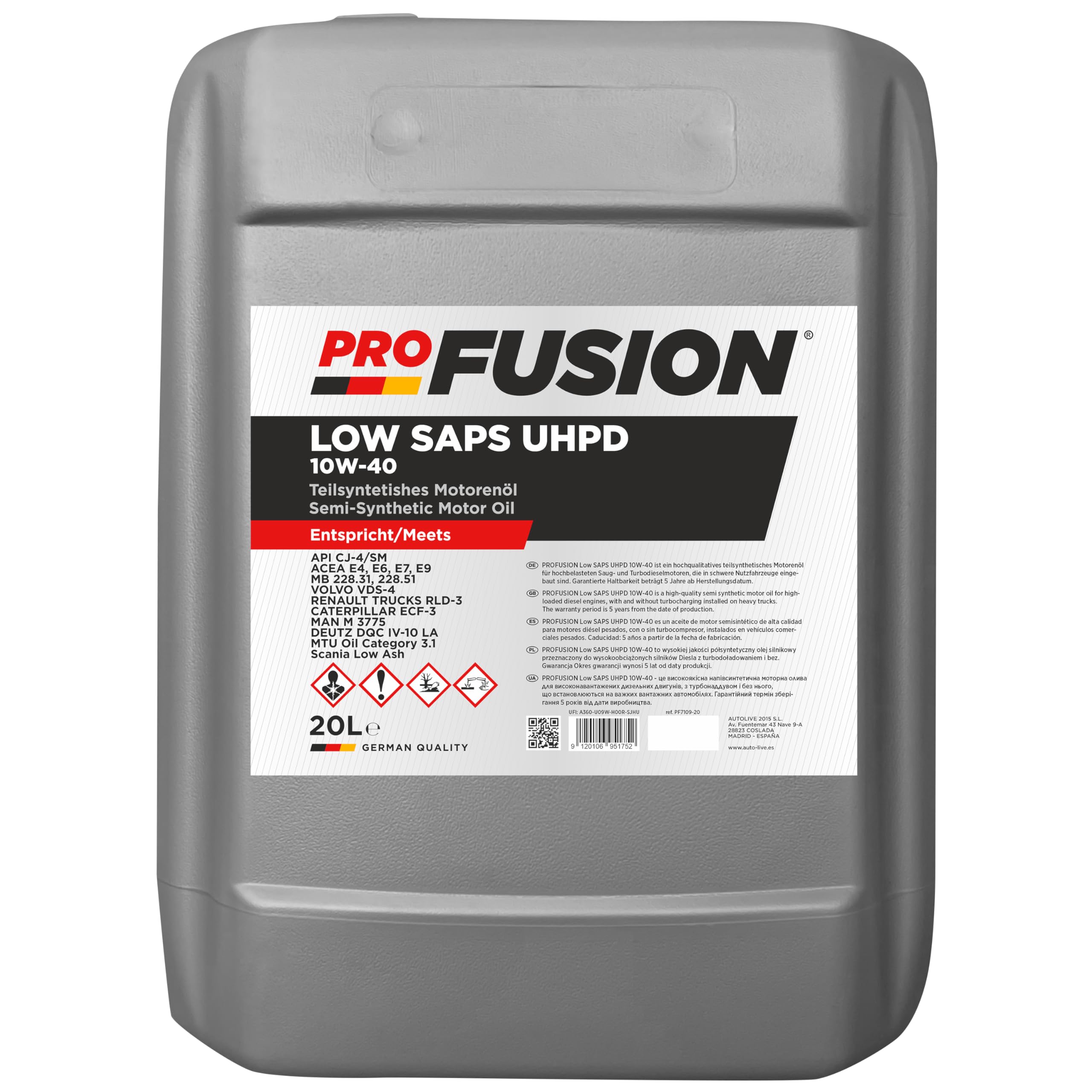 ProFusion 10W-40 20L Low SAPS UHPD Diesel – Aceite de Motor Semisintético para Camiones y Autobuses con Filtro DPF – Tecnología Low SAPS, Servicio Pesado y Intervalos Extendidos – API CJ-4, ACEA E6/E9