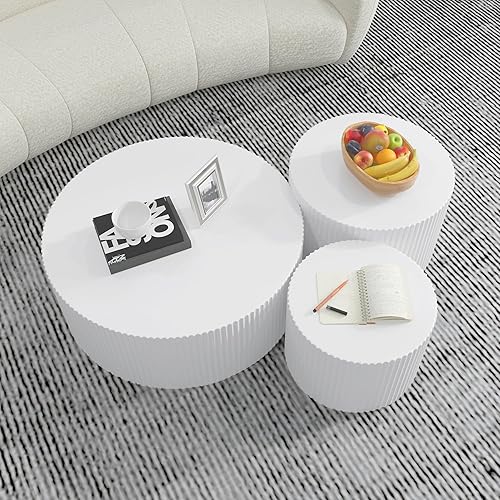 Miniatura 13 de JUSTONE Juego de 3 mesas auxiliares redondas negras para sala de estar, mesa auxiliar redonda de tambor de 3 piezas para anidar, mesa de centro Set