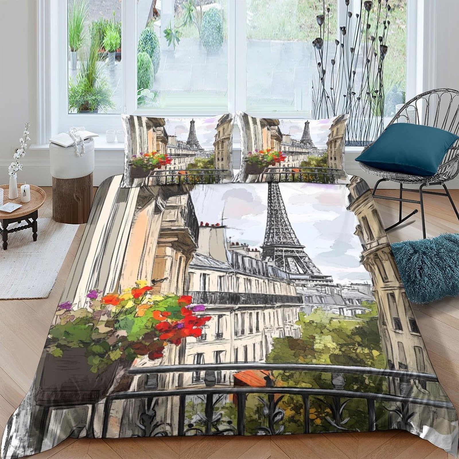 Ctjqhvkz Style-3 3D Printed Paris Balcony View Fitted Sheet Microfiber Soft Urban Eiffel Tower Mattress Cover For Bedroom Guest Room Decor Single（135X200cm）