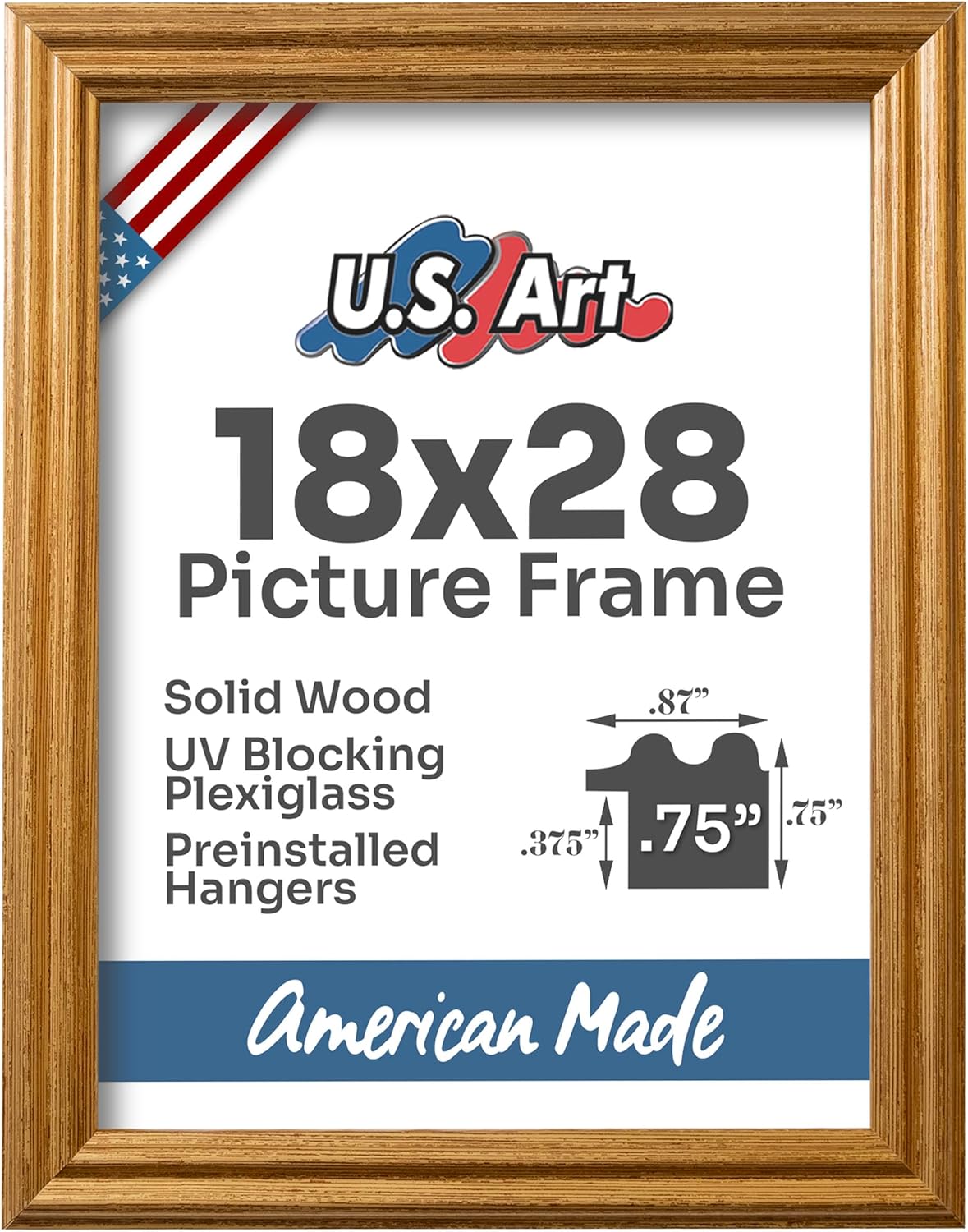 Honey Gold 18x28 Picture Frame .75" Inch Wide - Gold Wall Decor Handmade Solid Wood Frames with Preinstalled Hangers and UV Blocking Plexiglass 28x18 Frame