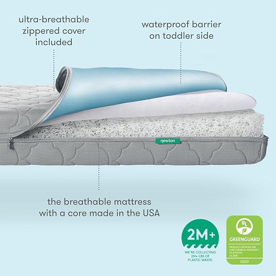 Newton Baby Waterproof Crib Mattress and Toddler Bed - Ultra-Breathable Proven to Reduce Suffocation Risk, Washable Core & Cover, All-Stages, Infant to Toddler, Deluxe 5.5 Thick - Grey