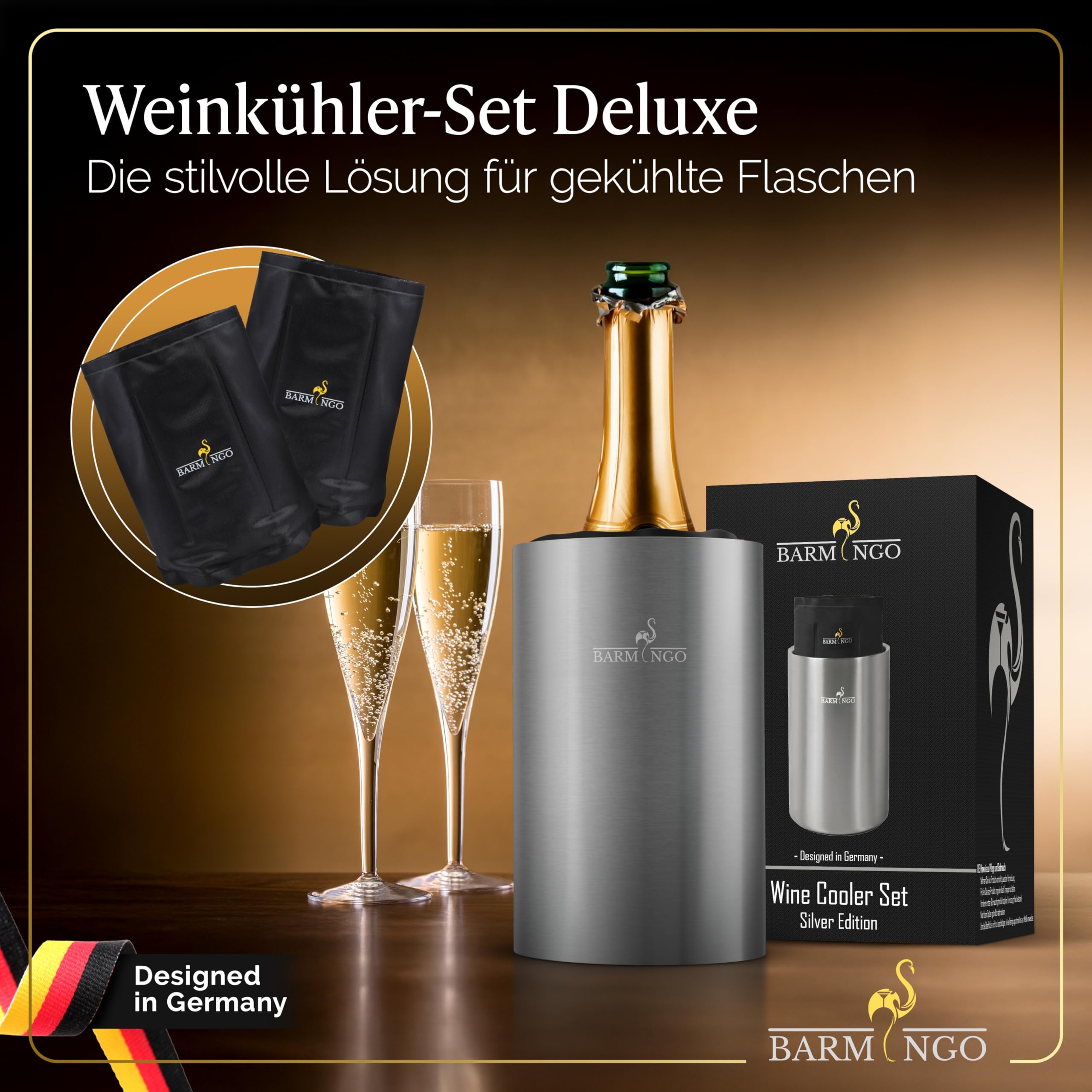 Weinkühler Edelstahl mit Kühlakkus – Getränkekühler & Flaschenkühler für Wein, Sekt, Champagner | Sektkühler doppelwandig mit Kühlmanschetten | Wine Cooler/Wein Kühler, Silber