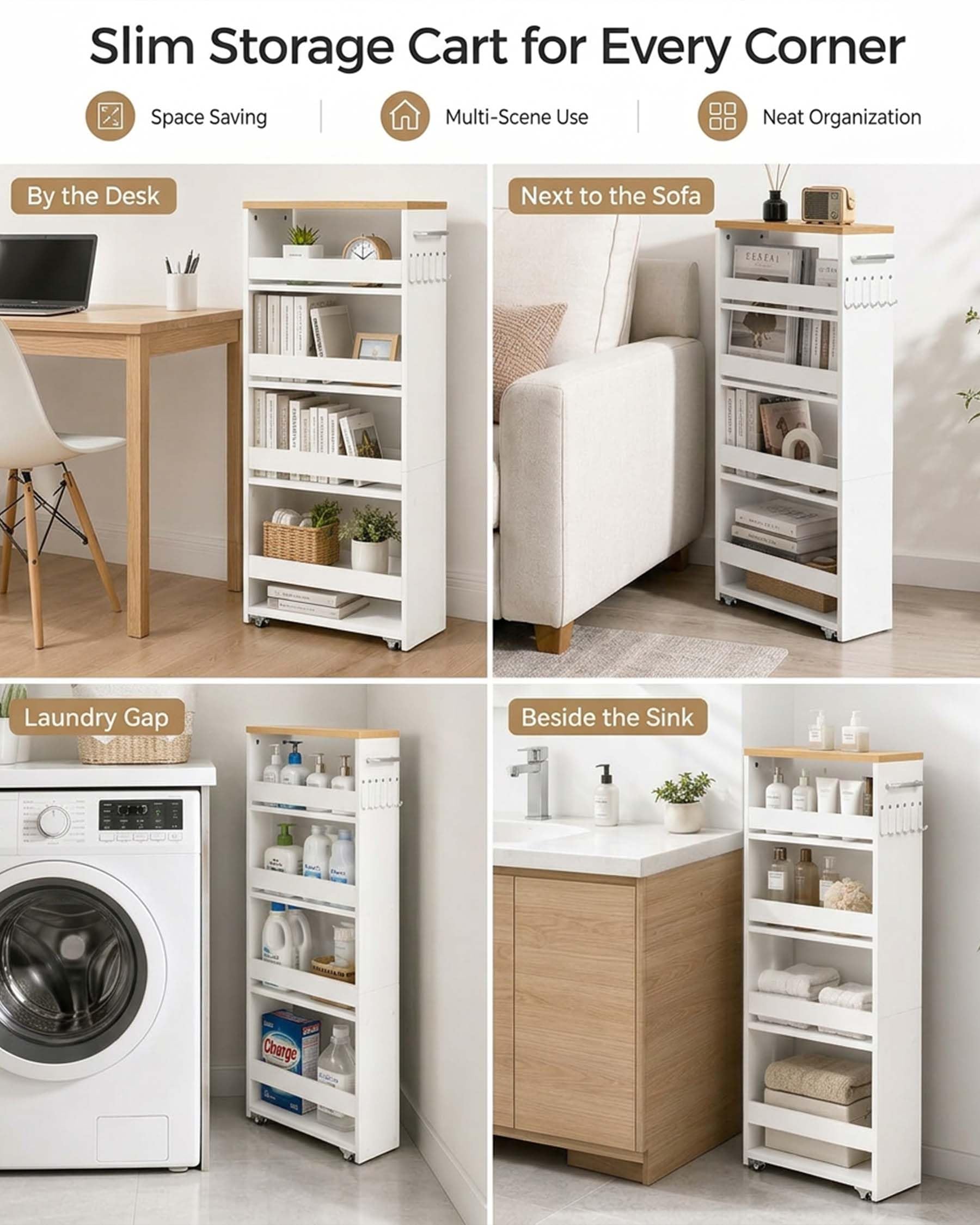 Carrito Organizador Estrecho Blanco 5 Niveles 40×22×108cm Pack de 2 | Cuatro ruedas, dos con freno, facilitan el desplazamiento; el asa lateral y los ganchos añaden espacio de almacenaje