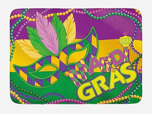 Mardi Gras - Tapete de baño bandas coloridas plumas y coronas tapete de felpa para decoración de baño con respaldo antideslizante 24 x 16 pulgadas