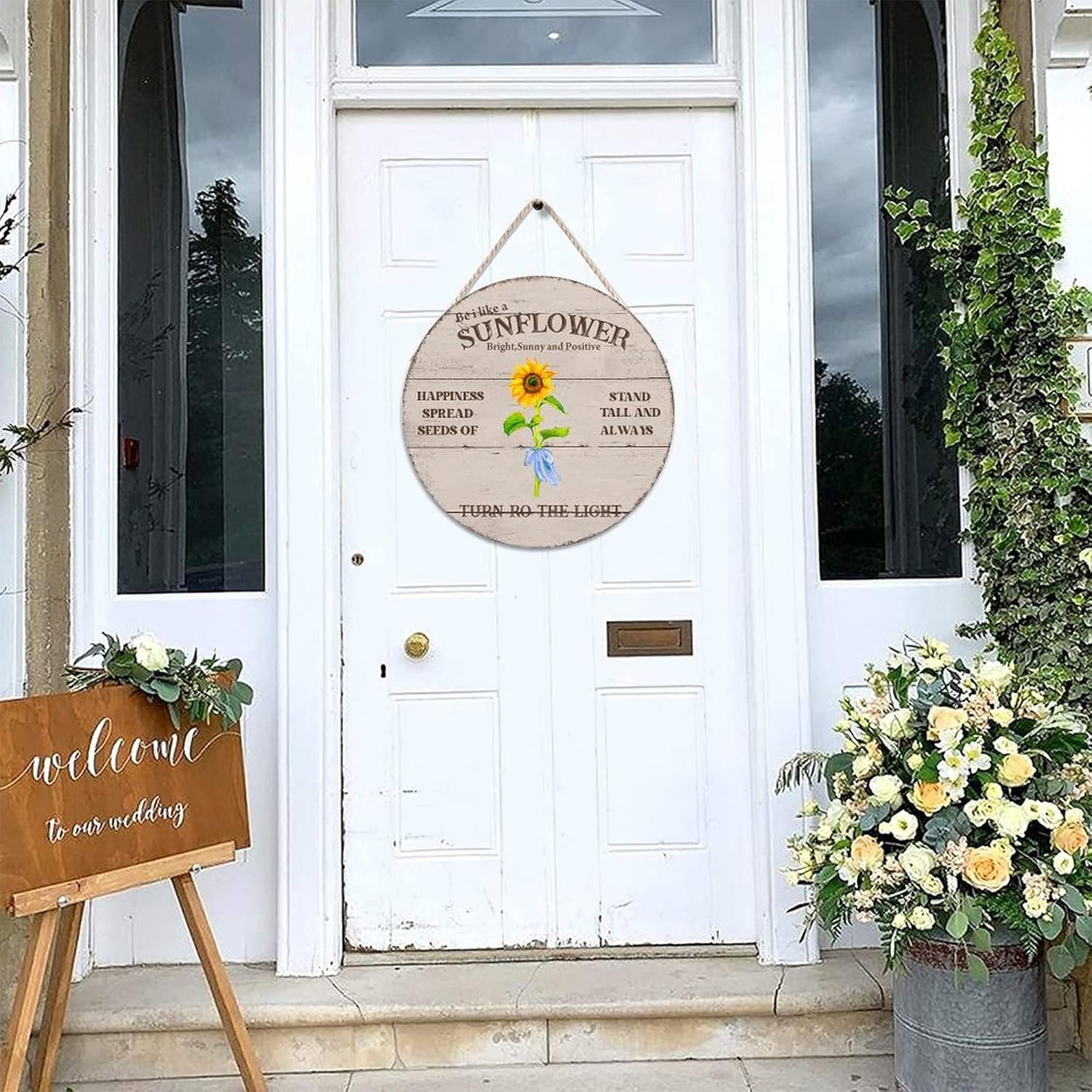 Sunflower Front Door Sign, Happiness Wood Door Sign, 16x16in Retro Wall Door Hanging Sign for Front Door Farmhouse Porch Housewarming Gifts