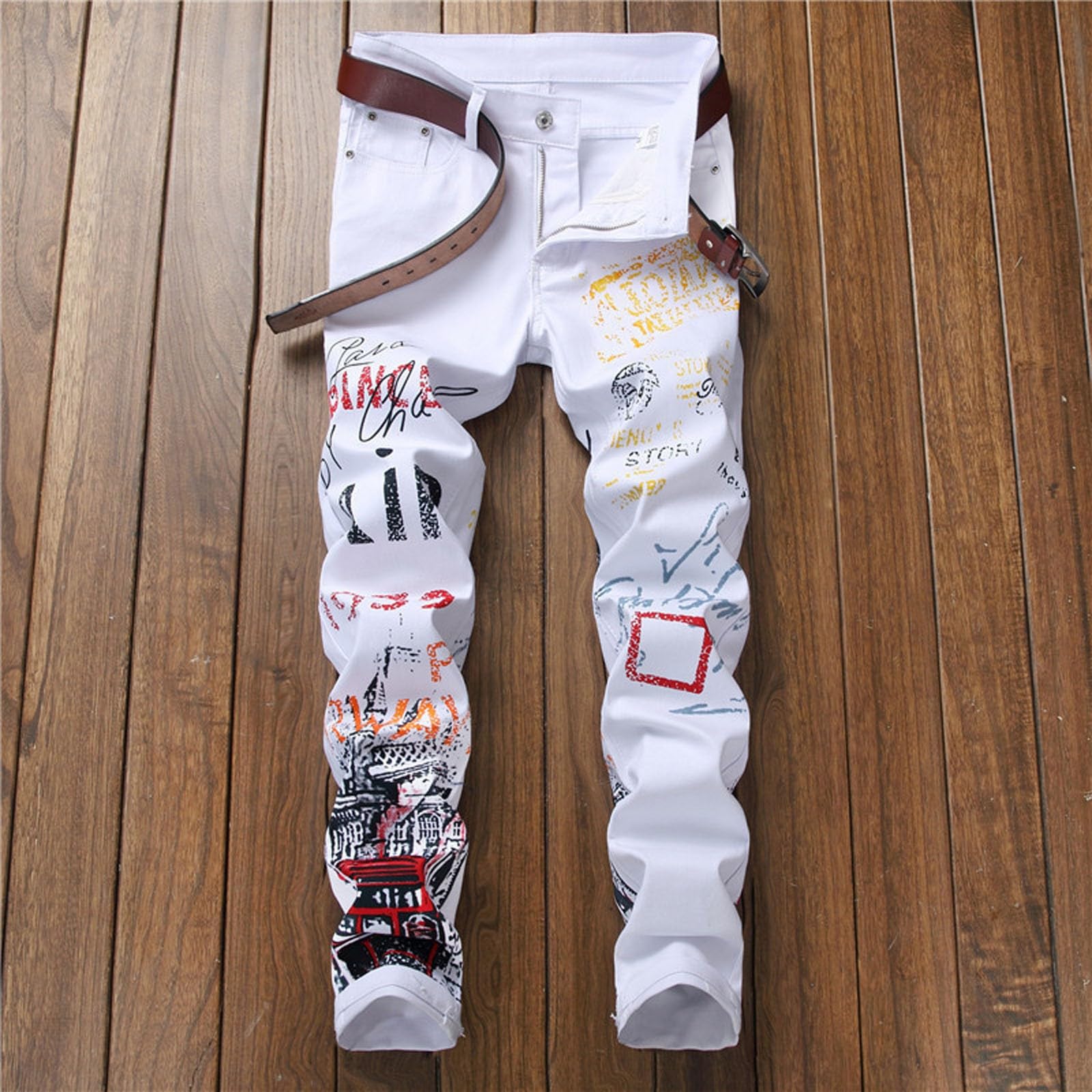 Jeans Pantalon Denim Moto Bianco Nero Bike Straight Jeans Uomo Hip Hop Punk Rock Streetwear Pantaloni Jeans strappati Slim Fit Stretch Jeans Stampa Denim Pantaloni Bootcut Jeans Uomo