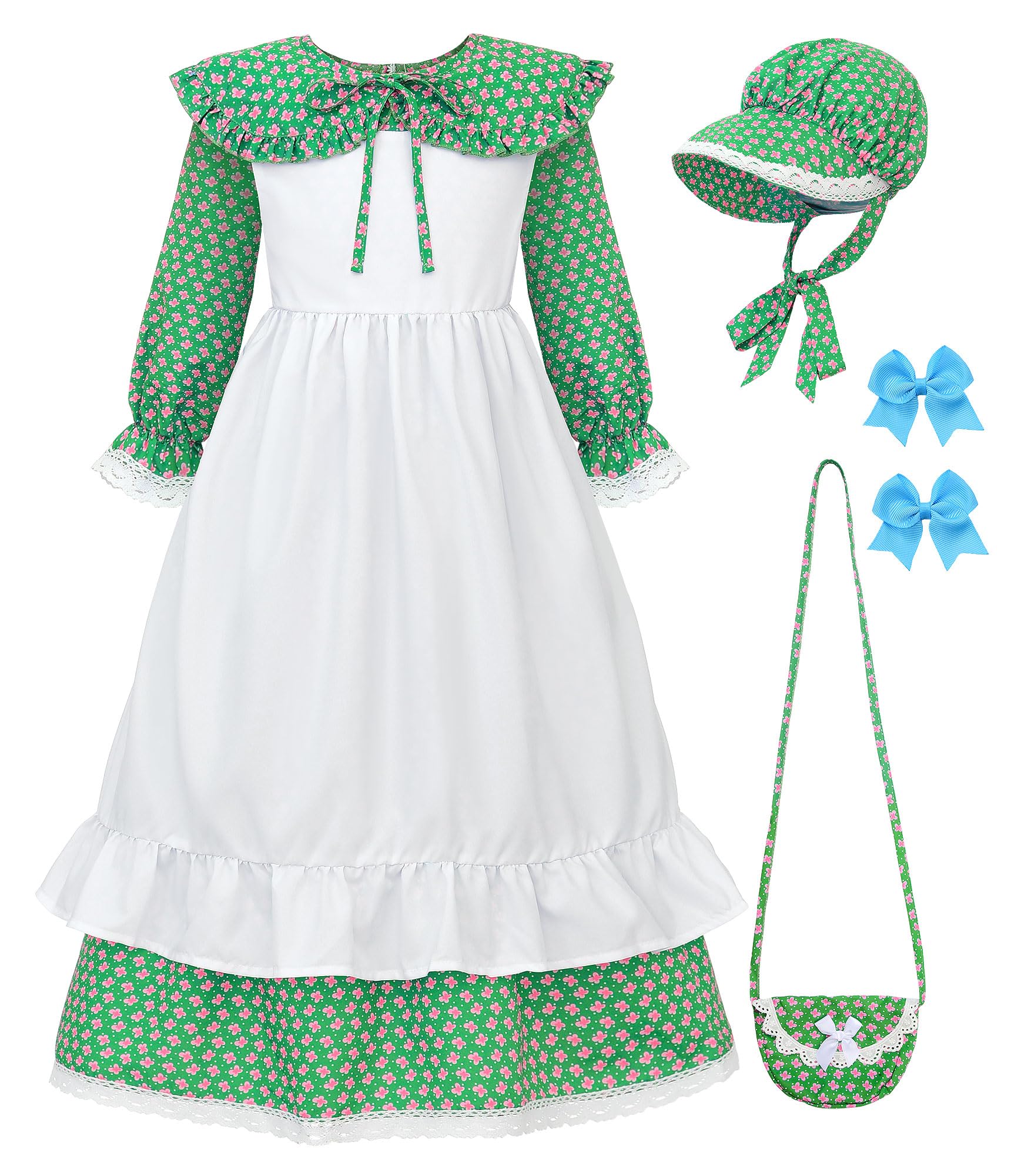 ReliParty Prairie Pioneer Dresses for Girls with Accessories Colonial Costume Girls,Dark Green