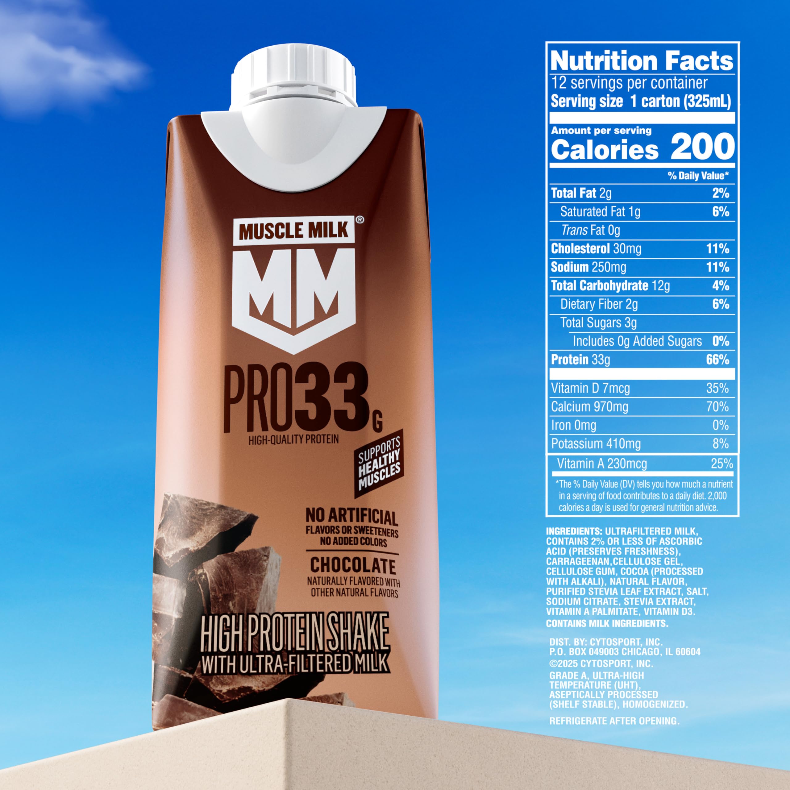 Muscle Milk Pro High Protein Shake, Chocolate, 11 fl oz Cartons, (12 Pack) Ultra Filtered Milk, 33g High Quality Protein Shake, 3g Sugar, 200 Calories, No Artificial Flavors or Artificial Sweeteners, No Added Colors - 3