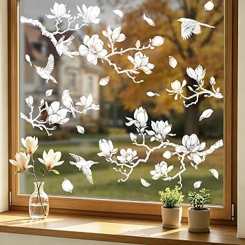 Magnolia Flower Tree Window Clings White Tree Branch Birds Window Decals