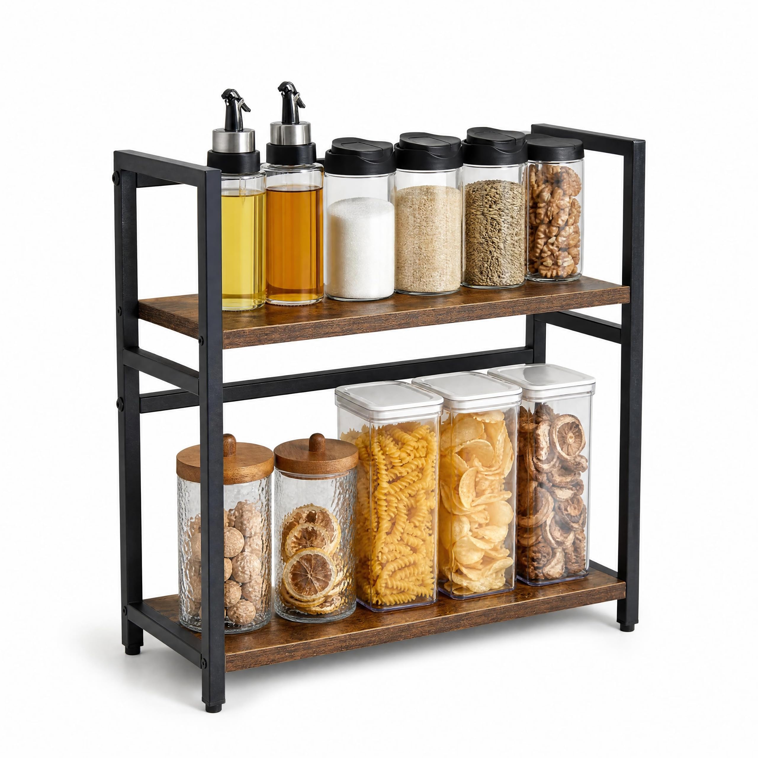 Panana Rustic Brown Spice Rack,2-Tier Kitchen Countertop Shelf,42 X 18 X 43Cm | Metal Frame,Desktop Storage Organizer For Kitchen,Office,Living Room,