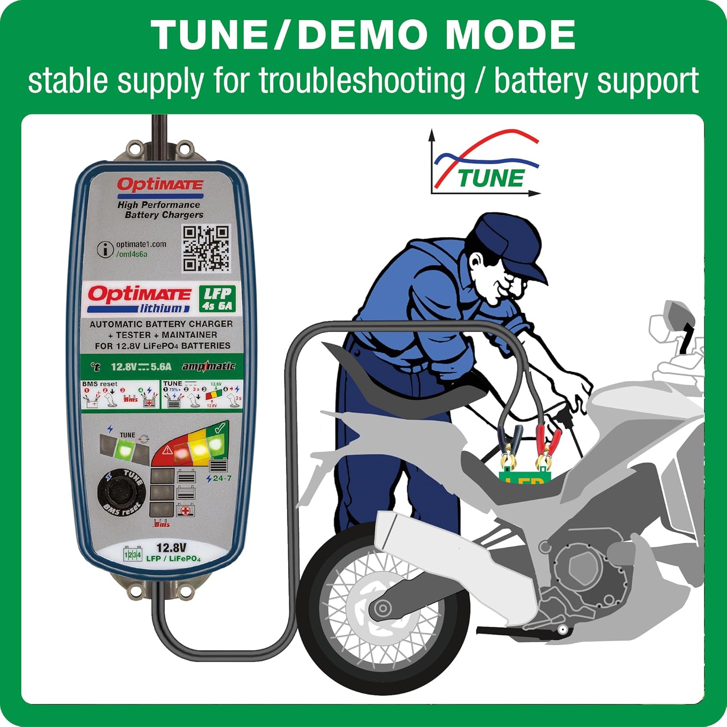 Tecmate OptiMate Lithium 4s 6A, TM391, 10-step 12.8V 6A Lithium Expert Battery Saving Charger & Maintainer, Blue/Green