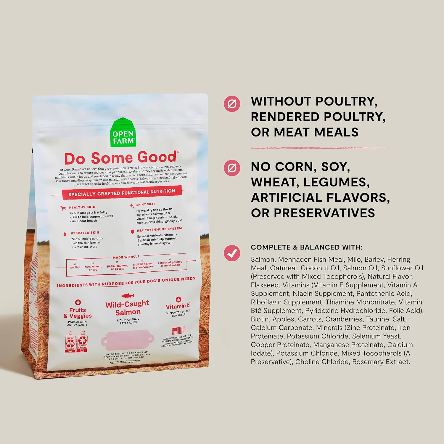 Open Farm, Skin & Coat Health Dog Food, Veterinarian Formulated Kibble with Salmon Oil and Vitamin E to Support Healthy Skin & A Shiny Coat, Wild-Caught Salmon & Oatmeal Recipe, 22lb Bag