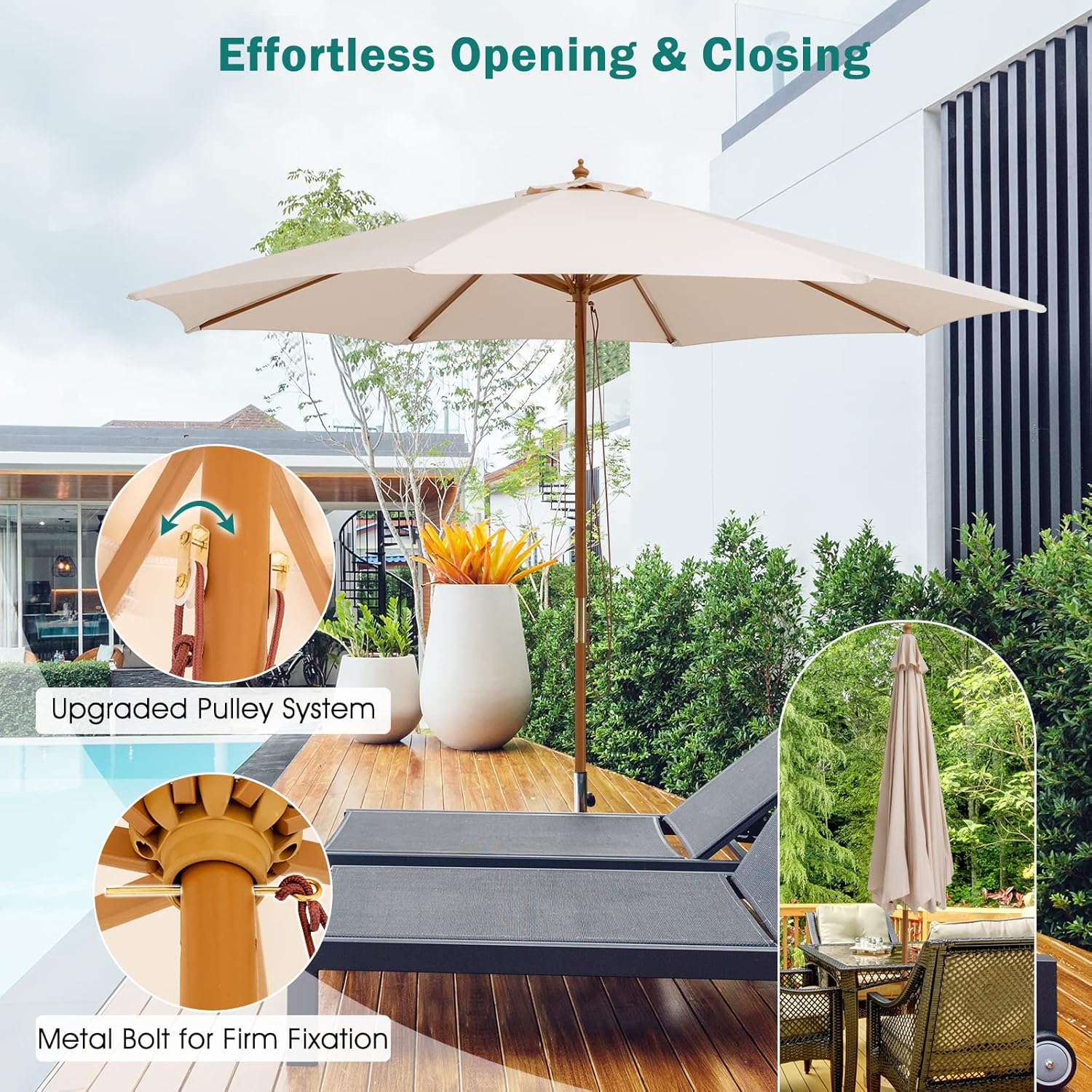 Giantex 10FT Patio Umbrella, Outdoor Table Market Umbrella with 8 Bamboo Ribs, Pulley Lift and Ventilation Hole, Outdoor Sunshade Umbrella for Poolside Backyard Beach