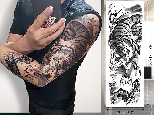 Miniatura 4 de Tatuaje temporal de brazo completo de Halloween para hombres, 12 hojas de largo x 19 pulgadas de ancho x 7 pulgadas, tatuajes falsos impermeables