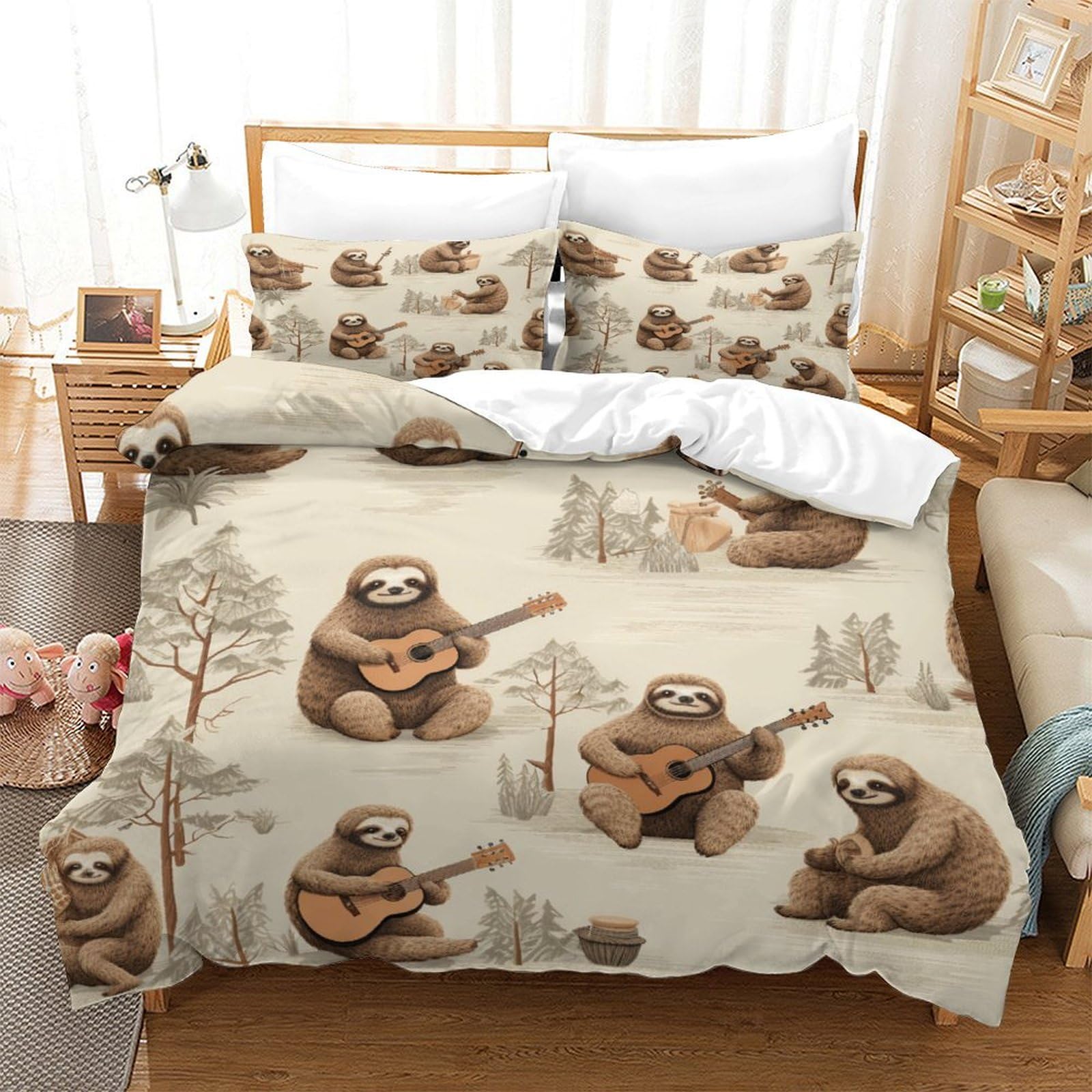P1S9U7W5Y Charming Sloth 3D Printed Guitar Woodland Duvet Cover Set 3pcs Microfiber Sloth Bedding Set Double