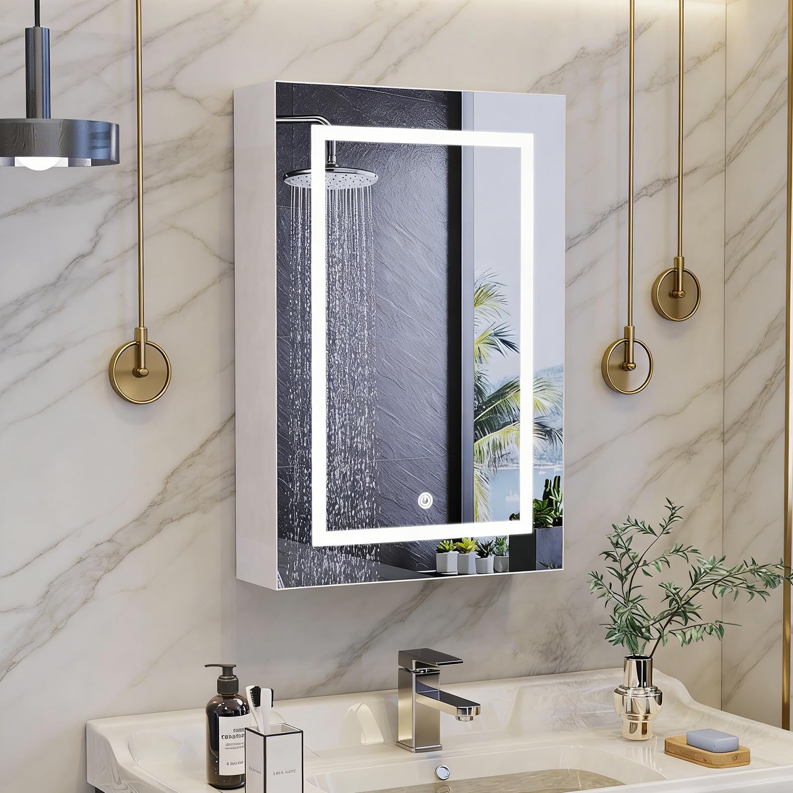 Szafka łazienkowa z lustrem i półką, z oświetleniem LED, 50 x 70 cm, 3 temperatury barwowe z możliwością ściemniania, przełącznik czujnika (biała, 50 x 70 cm)