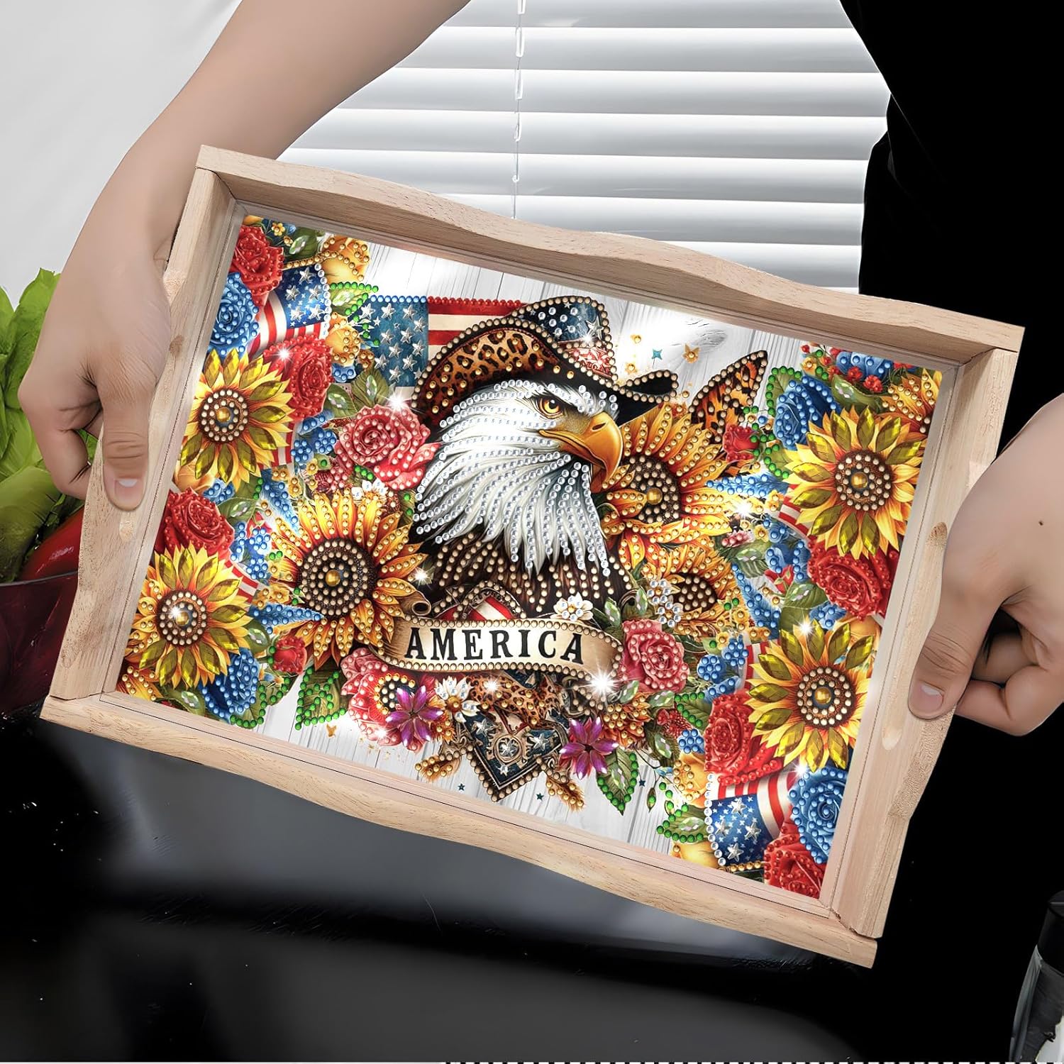 Diamond Art Painted Rectangular Dot Drilled Wooden Tray, Handmade Wooden DIY Tray Diamond Wooden Tray Dinner Plate for Restaurant Snack Tray Tea Tray Coffee-23-USA Eagle
