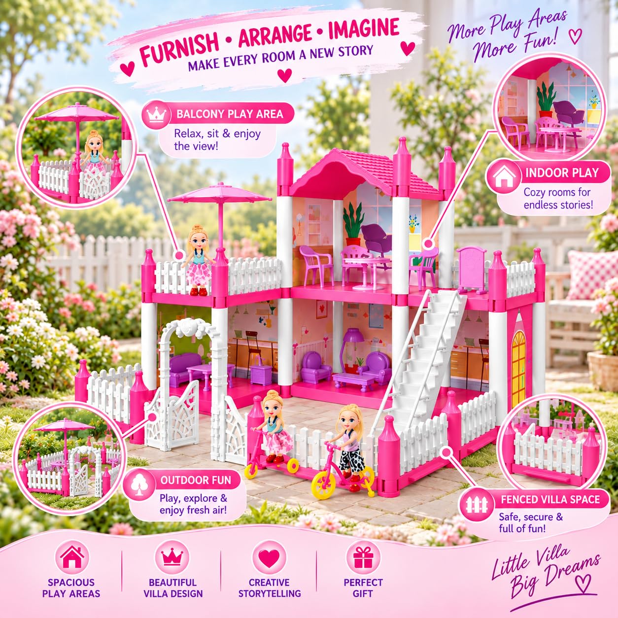 4 Room Doll House Villa - Girls Play Set -4 4 Room Doll House Villa - Girls Play Set -4