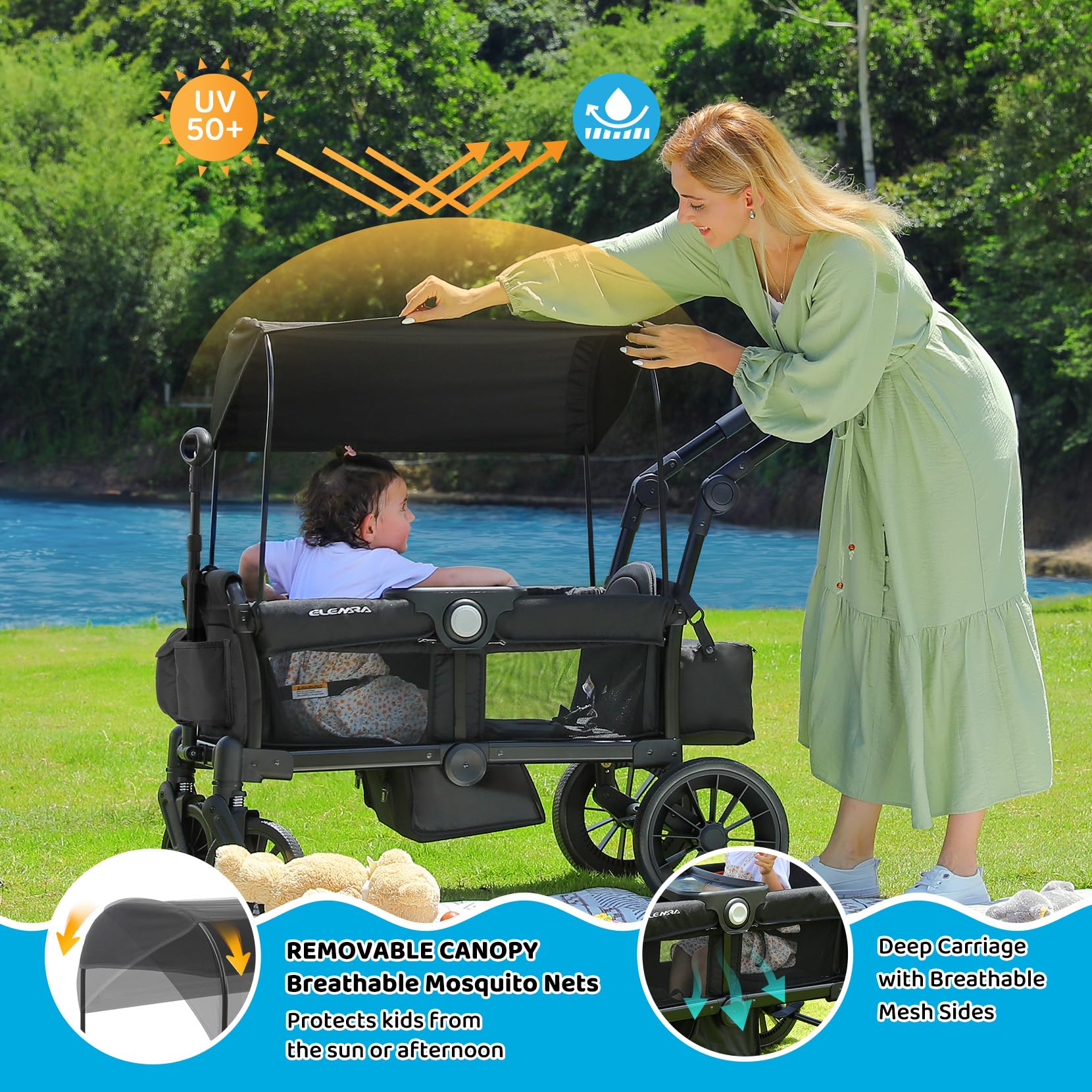 ELEMARA Passeggino per 2 bambino, passeggino pieghevole, carrello multiuso per bambino, carrello con tettoia rimovibile, maniglia regolabile, imbracature, grande borsa