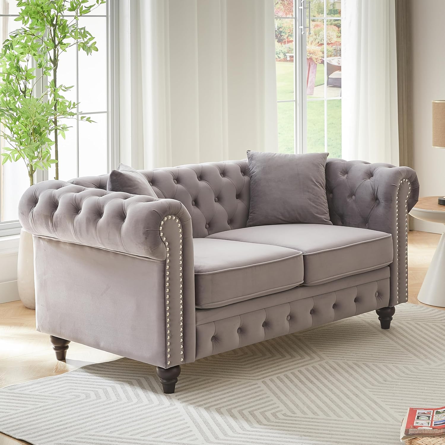 KEIKI 63.5" Retro Style Chesterfield Sofa, Upholstered Velvet Couch, Button Tufted Sofa with Rolled Arm for Living Room, Bedroom Office, Gray