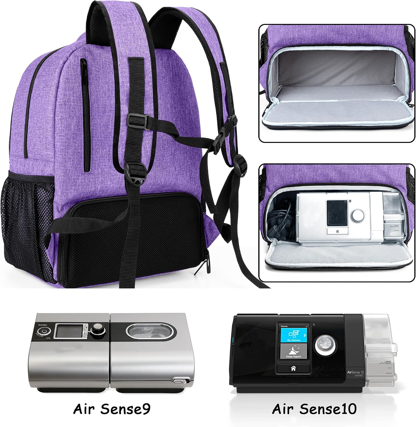 CURMIO CPAP Travel Backpack Compatible with ResMed AirSense 9, AirSense 10, AirSense 11, Philips System One, CPAP Carry On Bag for CPAP Machine and Supplies (Purple, Patent Design)