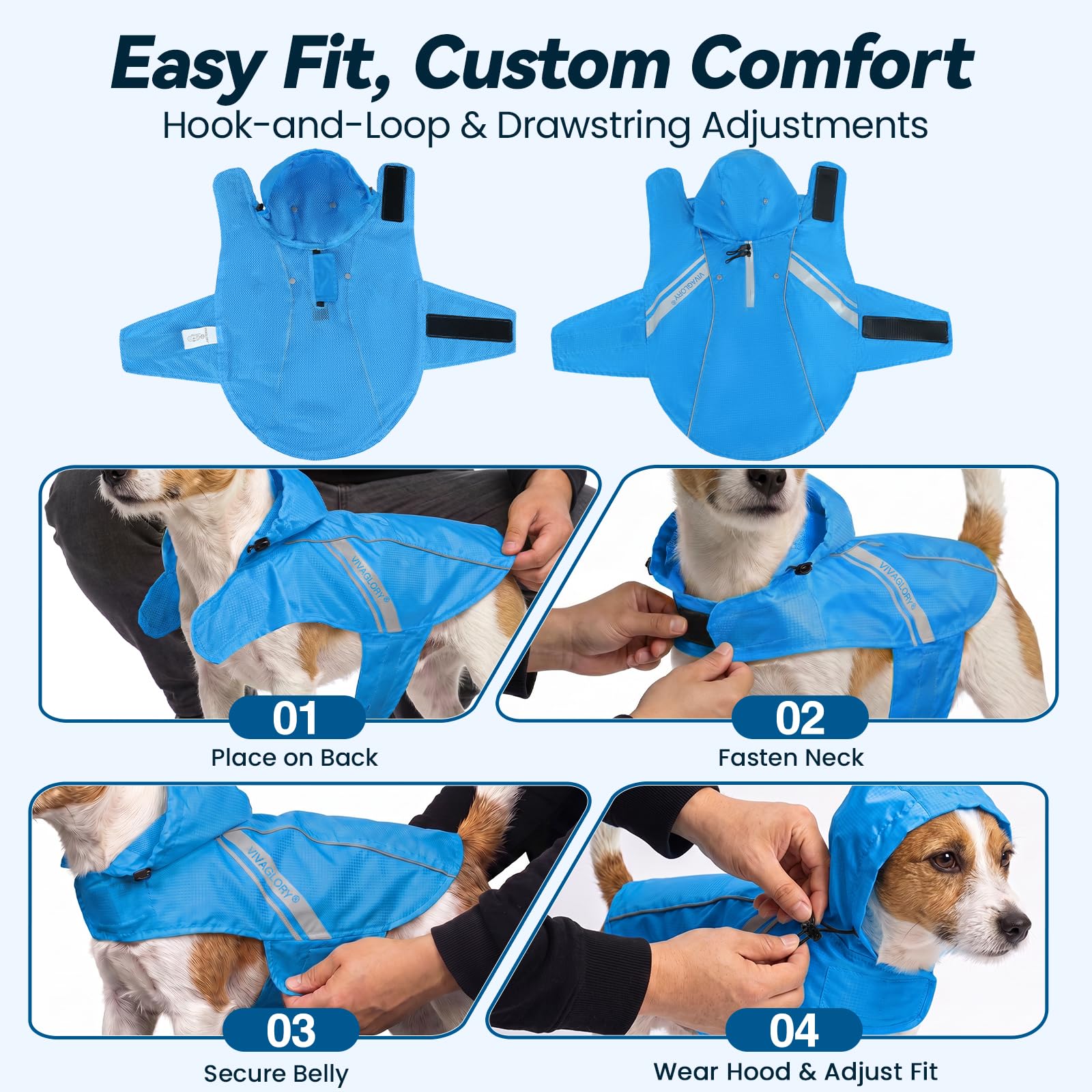 VIVAGLORY Impermeable para Perros Medianos, Ropa de Lluvia Fácil de Poner y Quitar, Chaleco de Seguridad Reflectante, Transpirable y Ligero para Perros, Azul