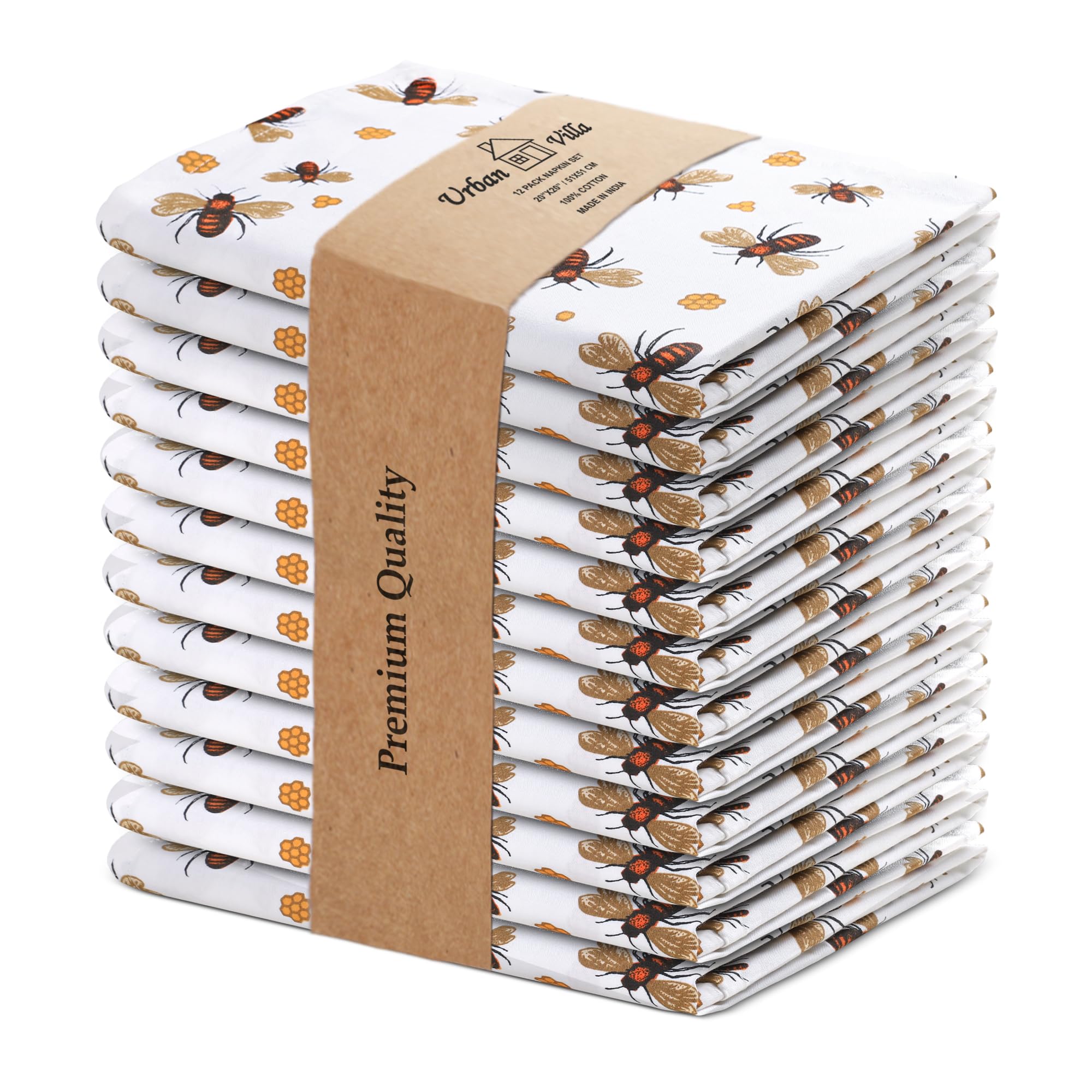 Urban Villa Dinner Napkins Cloth Napkins Honey Bee Set of 12 Premium Quality Dinner Napkins Cotton Oversized 20X20 in Cloth Napkins with Mitered Corner Ultra Soft Quality Dinner Napkin