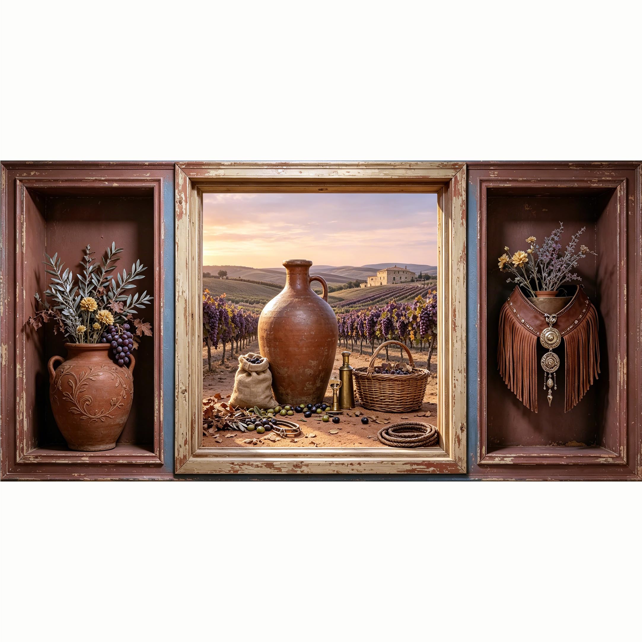 QZLITHOTIC 50x100cm 3D Framed Wall Art， Tuscan Vineyard Landscape Pottery Self‑Adhesive Mural， Water‑Activated Peel & Stick Fabric Decor Wall Decal for Bedroom Living Room