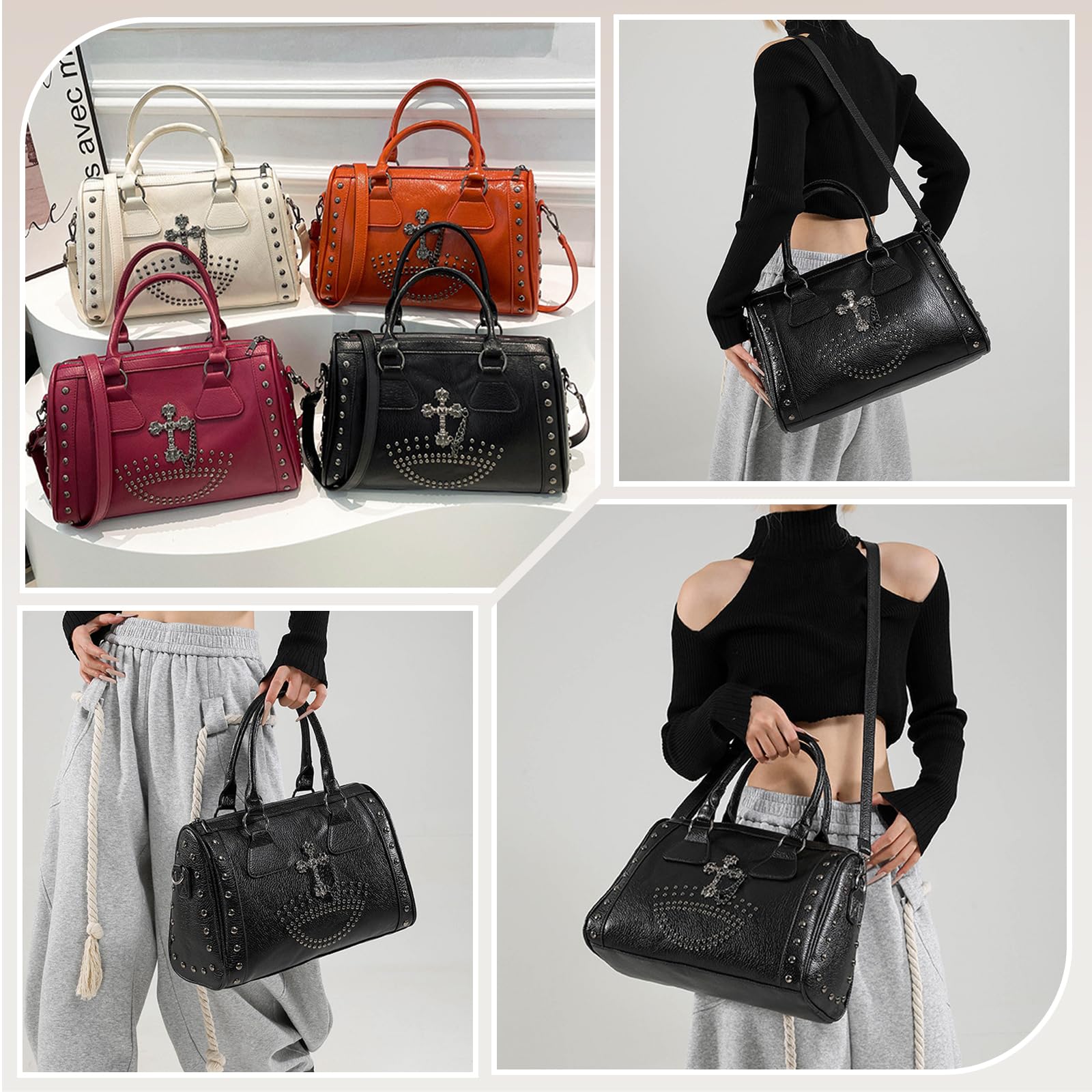 Retro Bolso de Mano Punk Bolsos de Hombro para Mujer Bolso Boston con Remaches Cruz Decoraciones PU Cuero Bolso Bandolera Gran Capacidad Bolsa Shopper Elegante Bolso Cruzados Tote Negro