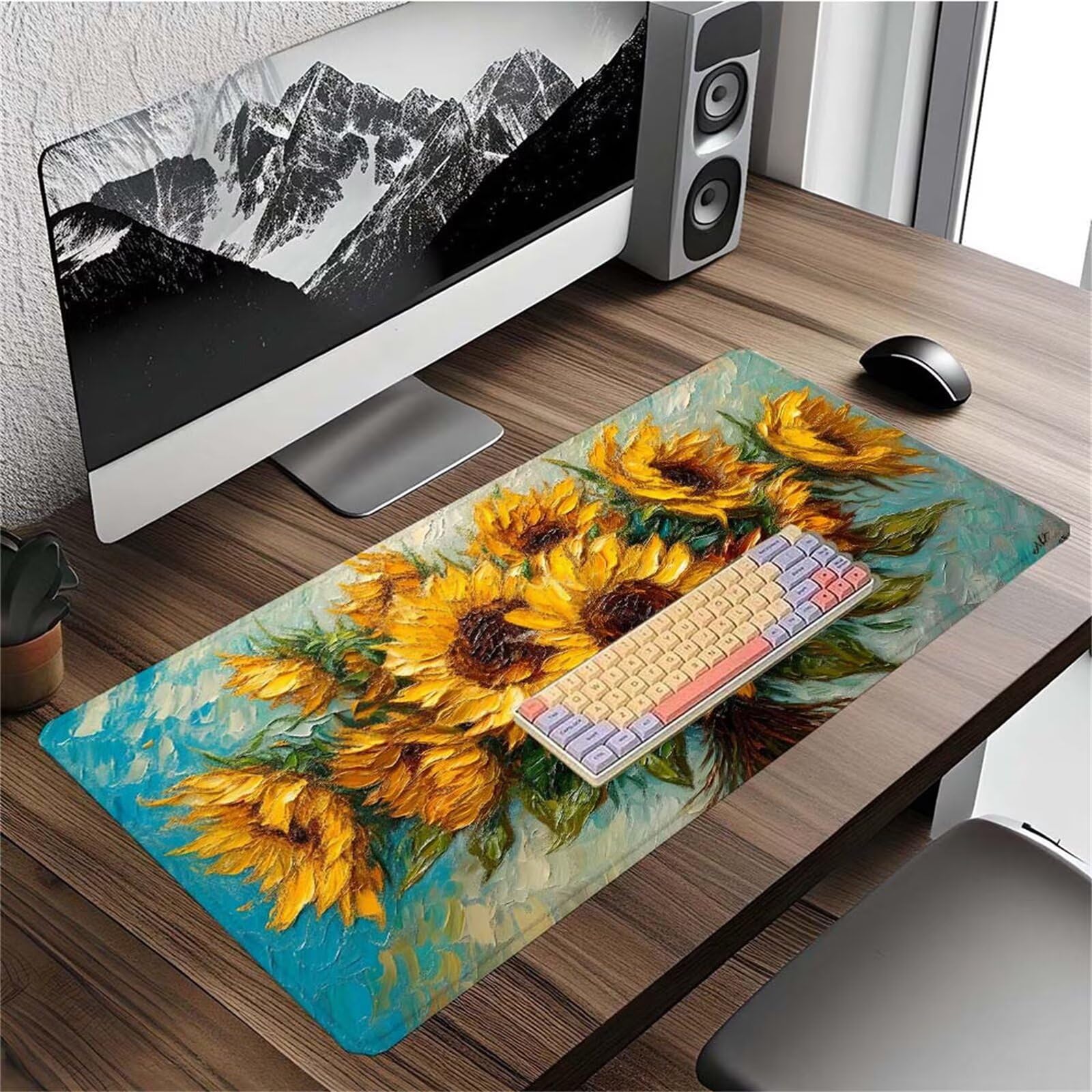 Alfombrilla Ratón Van Gogh Girasol Alfombrilla Ratón XXL 1400x600x3mm Mouse Pad Resiste Salpicaduras, Extendida de Gran Tamaño con Bordes Cosidos, Mejora la Precisión y la Velocidad, Duradera y-139