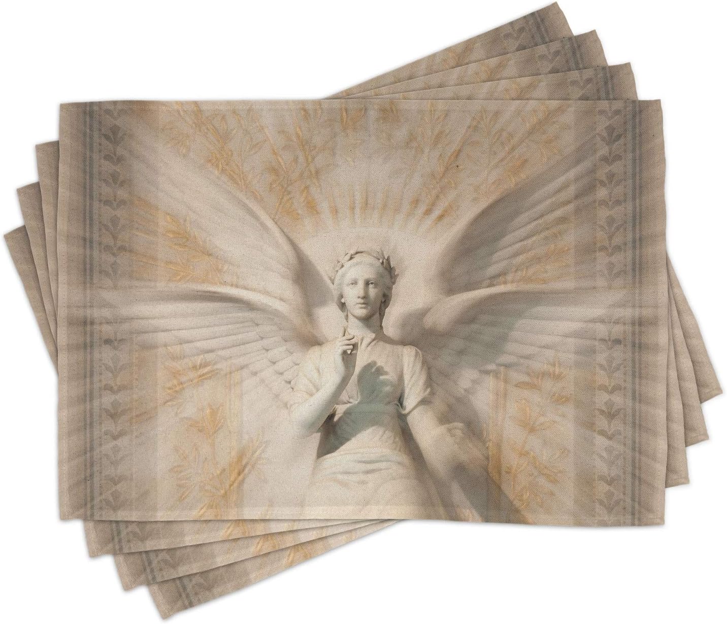 Ambesonne Retro Place Mats Set of 4, Angel Woman in Medieval Site Vintage Style Mythical Design, Washable Fabric Placemats for Dining Table, Yellow White