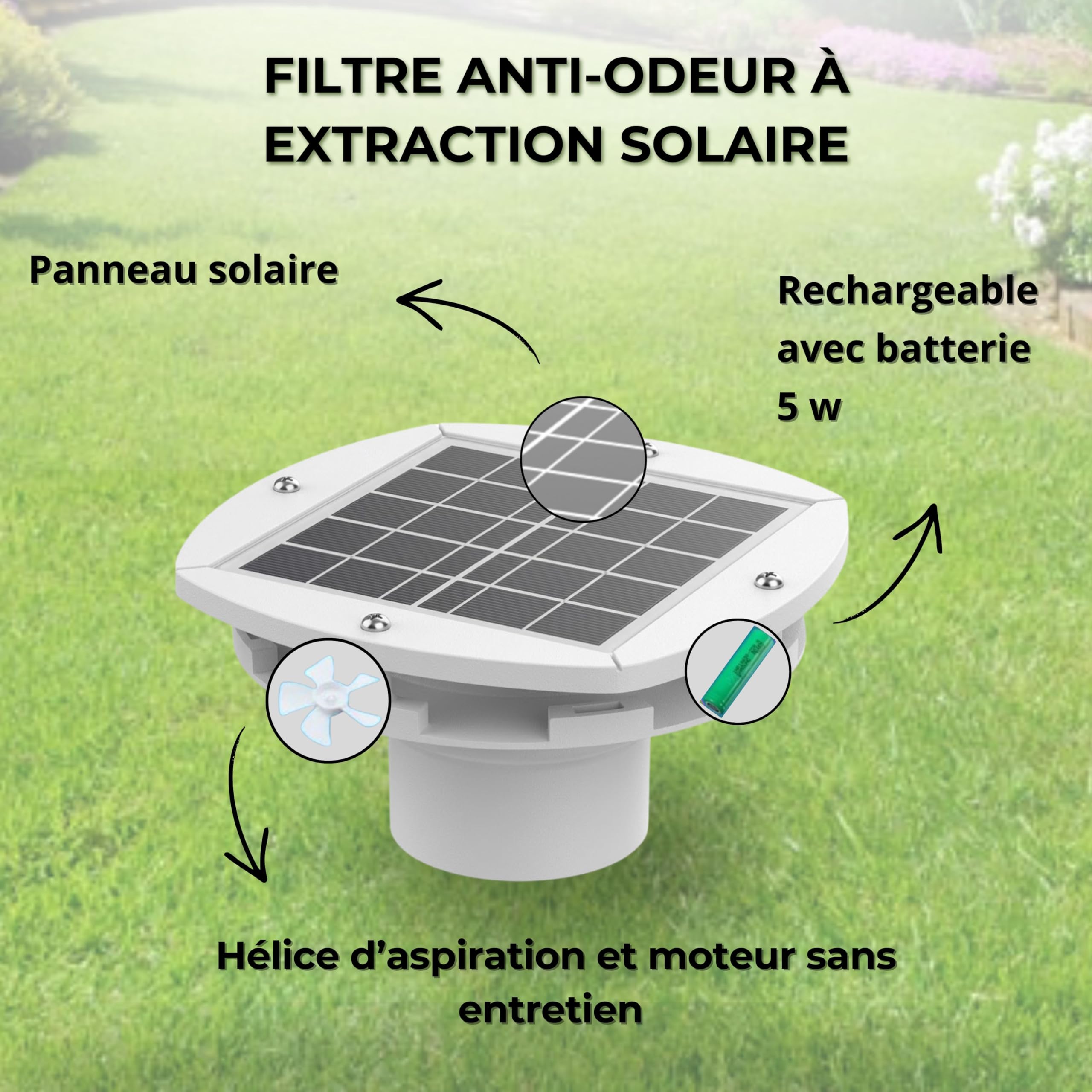 Extracteur Solaire Rechargeable pour Fosse Septique, Ventilation Secondaire, Autonome 24h/24 & Silencieux - HYDRODIV
