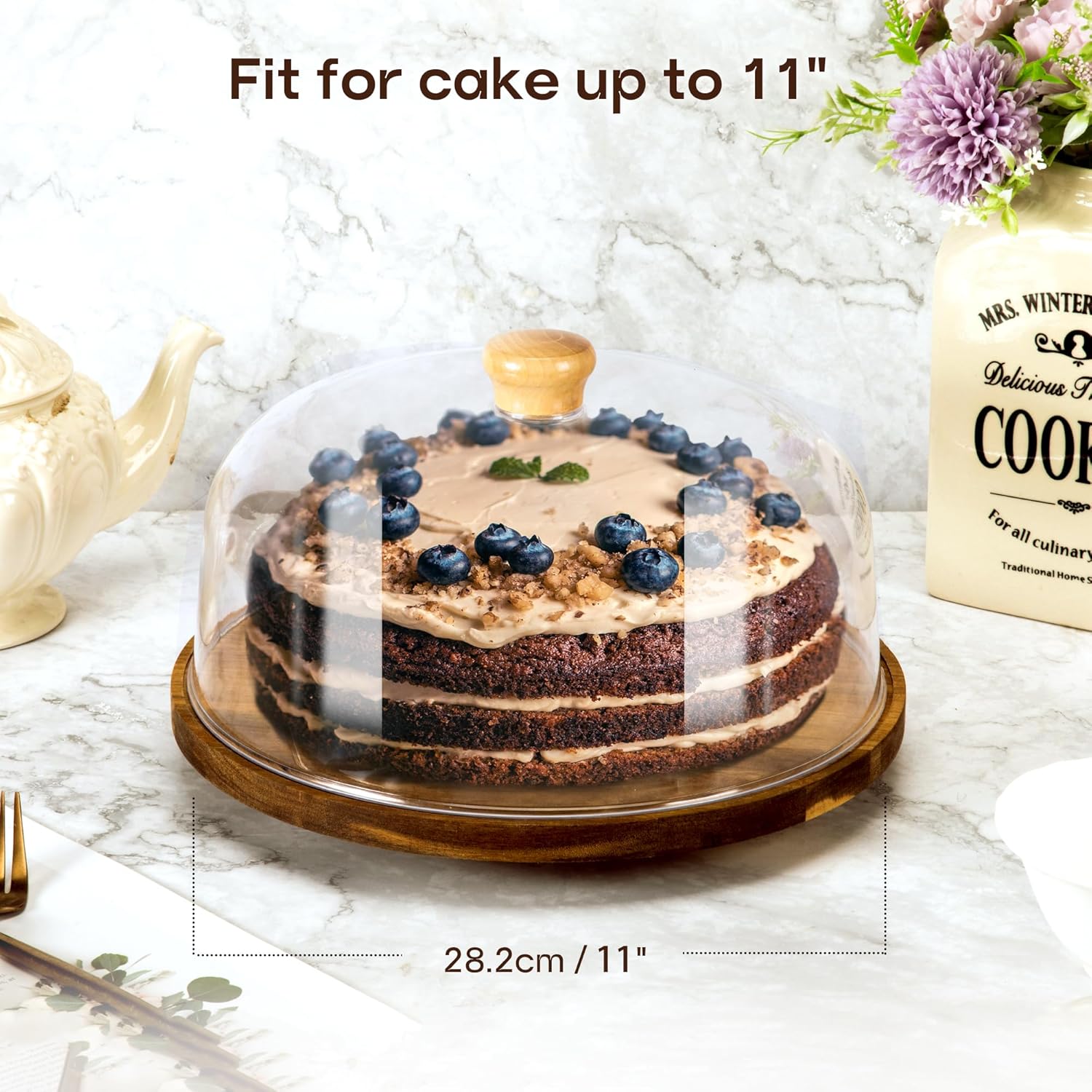 NWK Rotating Cake Stand with Acrylic Dome 11 Inch Acacia Wood Cake Turntable with clear cover for Birthday, Wedding, Party.
