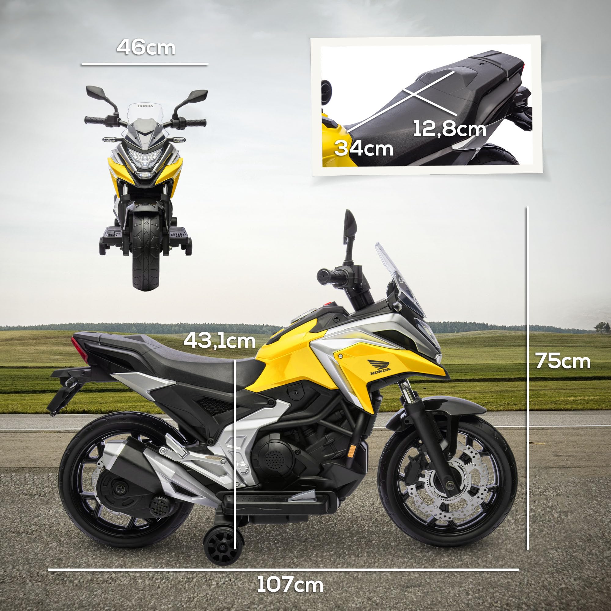 AIYAPLAY Elektro Kindermotorrad Elektrisch MP3 USB 3-6 Jahre Gelb | Elektromotorrad, 2 Stützrädern, Musik, Scheinwerfer