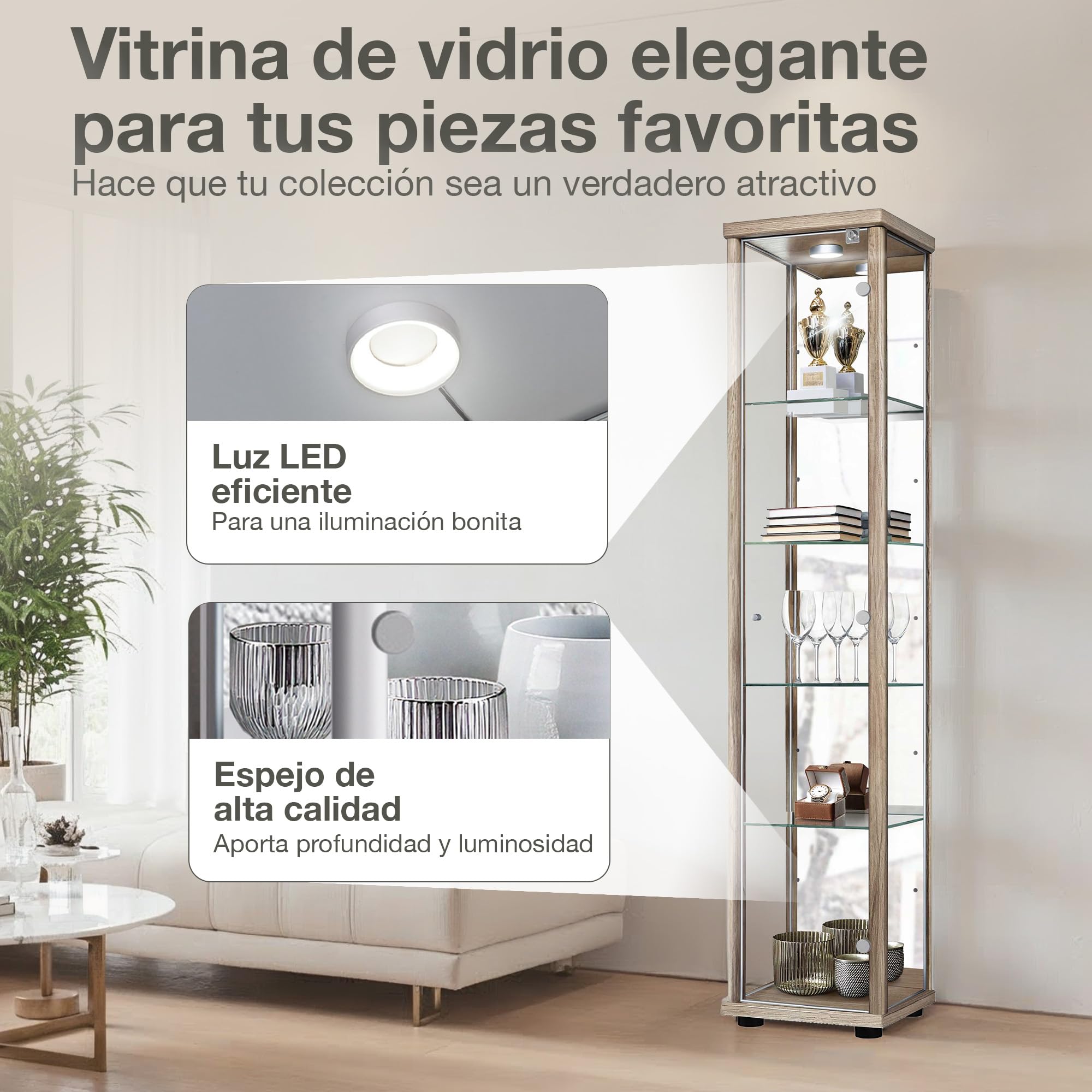 Vitrina de Sonoma (176x37x33cm) con 4 estantes de Cristal Regulables en Altura, Espejo, Cerradura, LED - Vitrina para Modelos - Vitrine de Haya de coleccionista