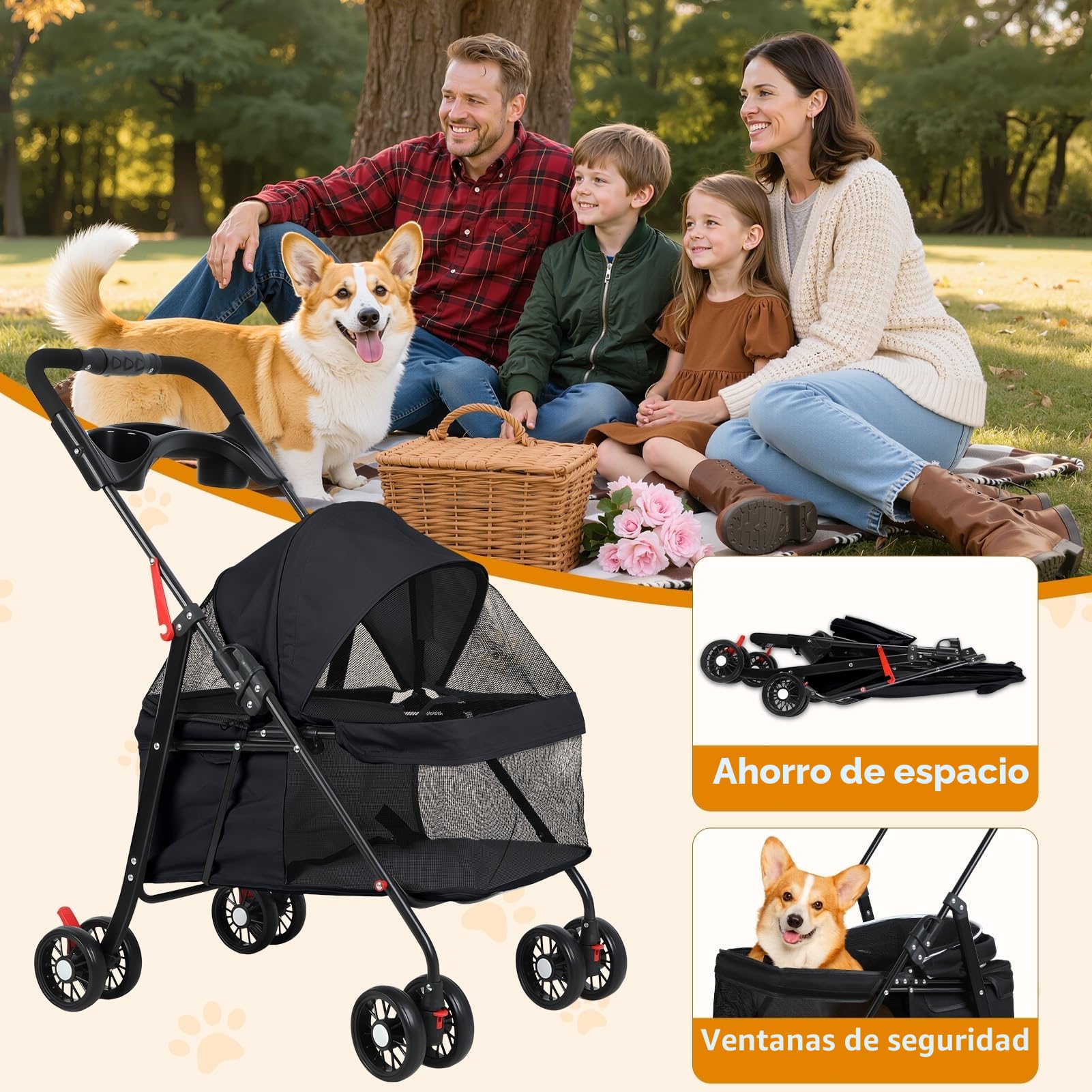 Cochecito plegable para mascotas de 4 ruedas con bloqueo, carrito portátil con portavasos de malla transpirable para perros y gatos pequeños Negro