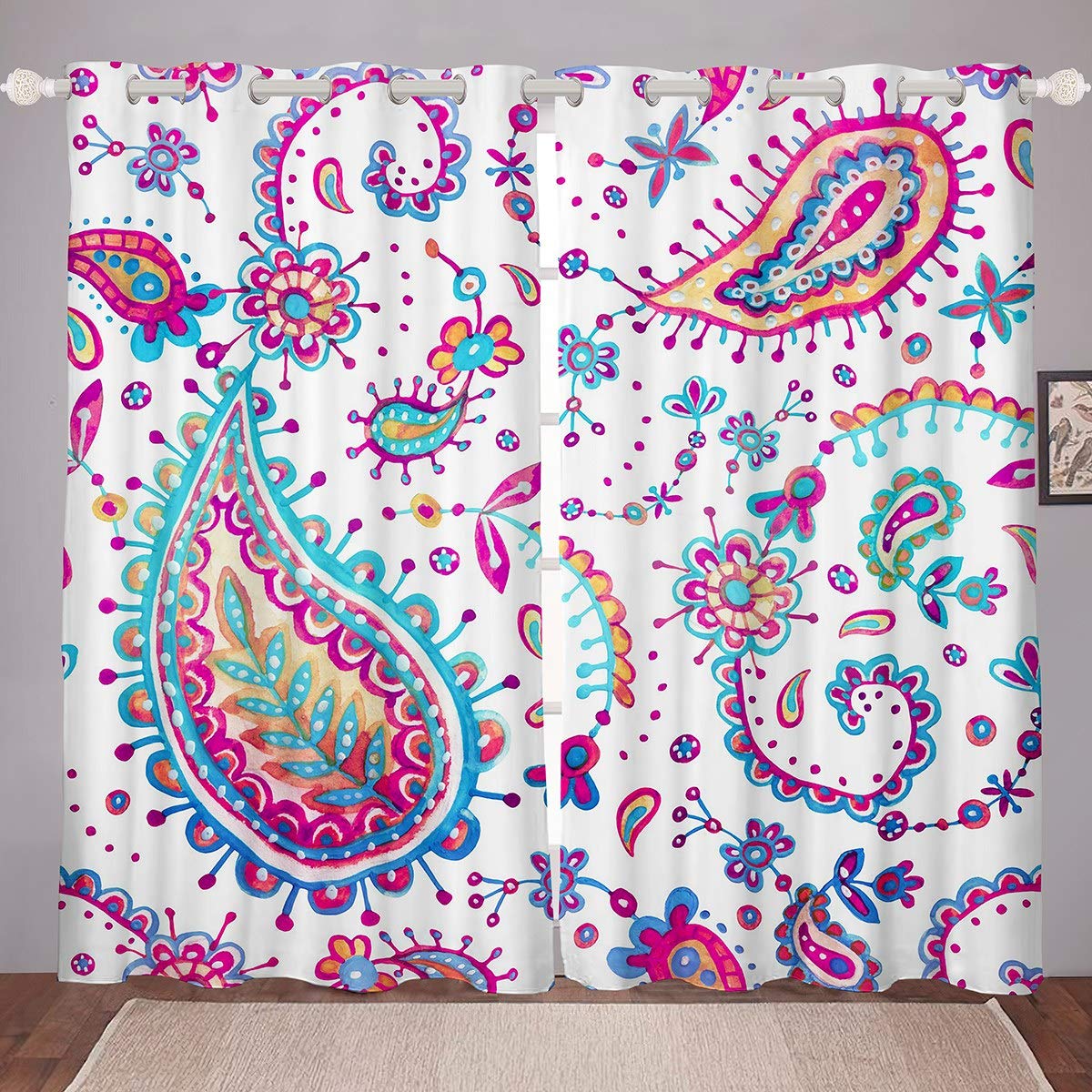 Boho Paisley Blackout Curtain for Bedroom Bohemia Tribal Exotic Room Darkening Curtain for Kids Woman Adults European Damask Thermal Curtain Botanical Floral Blackout Drapes,W46*L54 Inch,2 Panels
