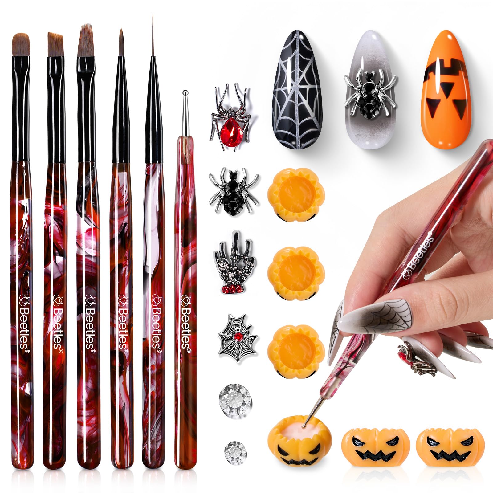 Beetles Gel Polish Brochas para arte de uñas de Halloween, 6 bolígrafos de arte de uñas con soporte para paleta de calabaza, dijes