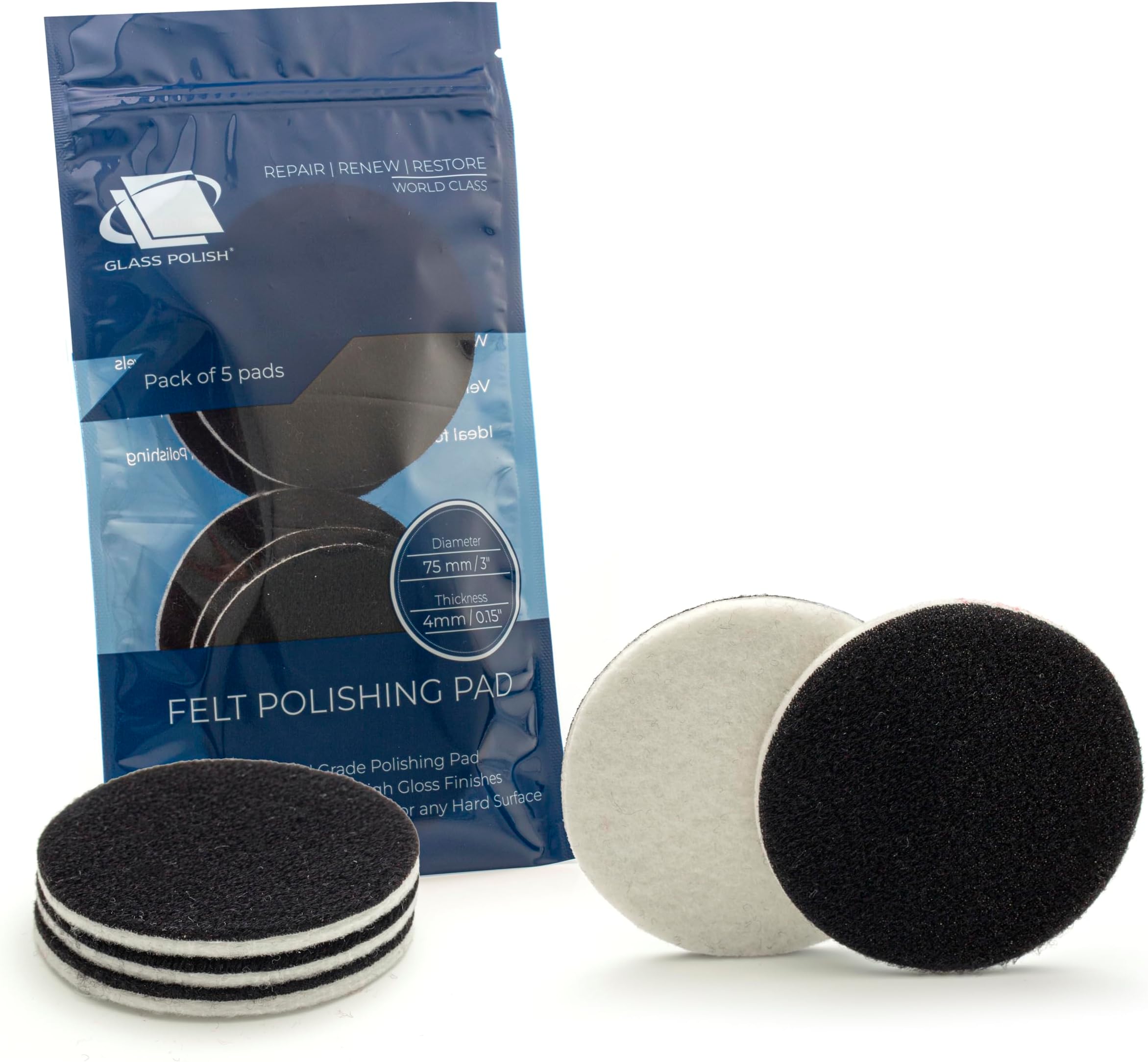 Glass Polish 11007 GP-PRO Felt Polishing Pads for Polishing Glass, Plastic, Metal, Marble - Ø 75mm - Pack of 5 Pads