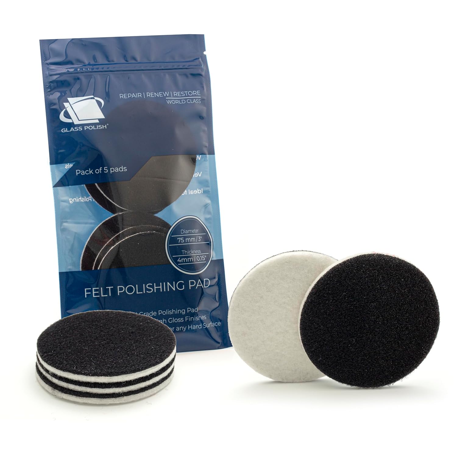Glass Polish 3 inch (75mm) Pack of 5 Felt Polishing Pads for Polishing Glass, Plastic, Metal and Marble - GP11007