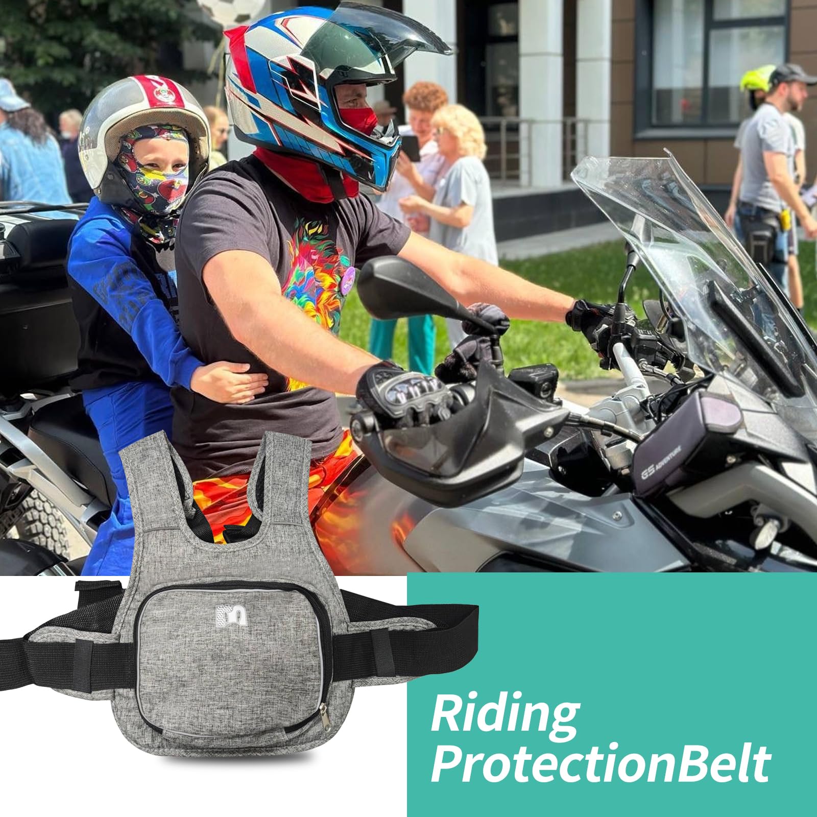 Pas bezpieczeństwa dla dzieci na motocykl, ochraniacz pleców dla dzieci na motocykl z torebką, pas bezpieczeństwa z regulowanym paskiem z odblaskowymi paskami, dziecięce siedzisko do motocykla dla